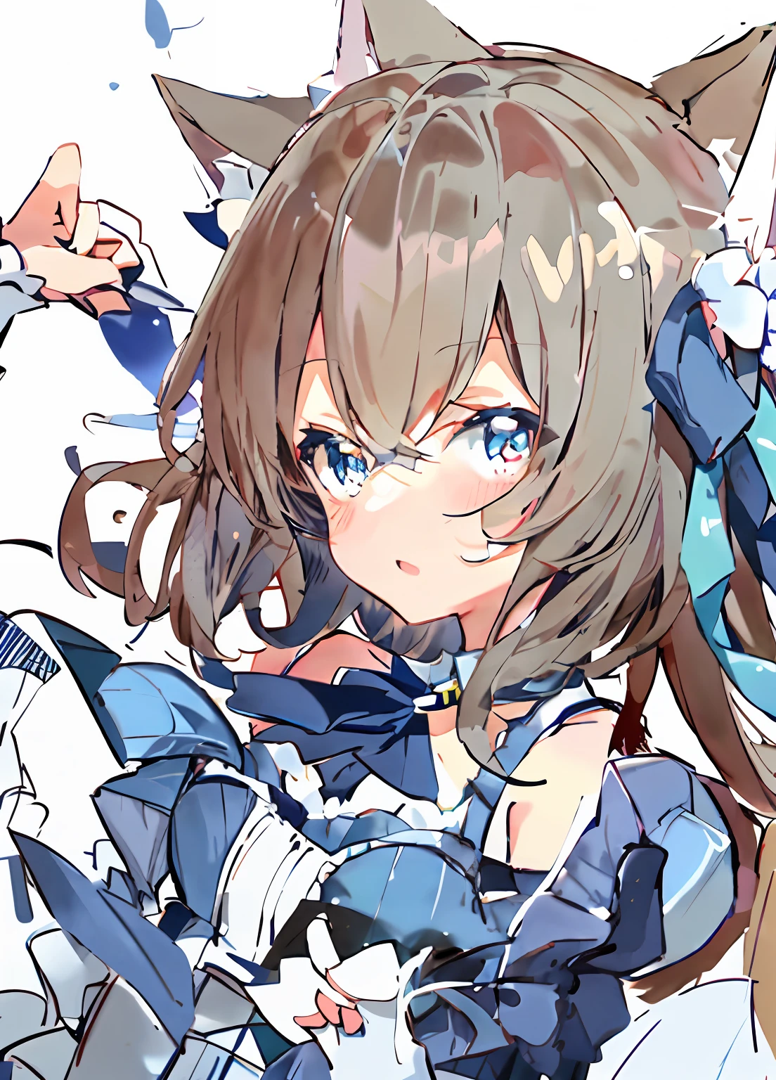 Blue eyes and white shirt、Anime girl with blue gloves，anime visual of a cute girl，Splash art anime ****，The anime girl is named Emma，extremely cute anime girl face，anime girl in a maid costume，Anime girl，Cute anime girl，Double bangs，White gloves，cute anime girl portraits，An anime girl。