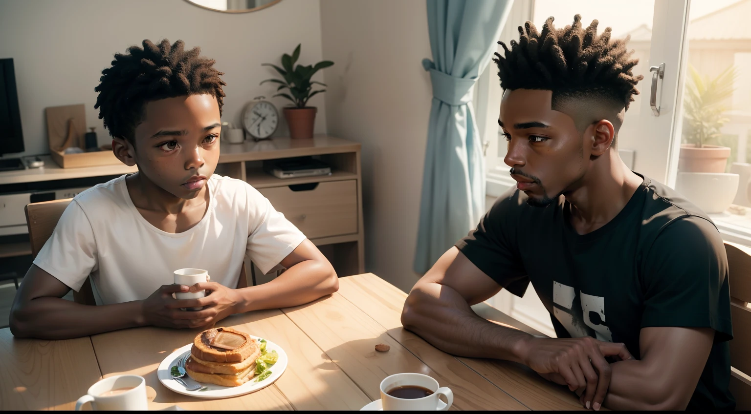Black man playing breakfast with 7-year-old son in a simple house