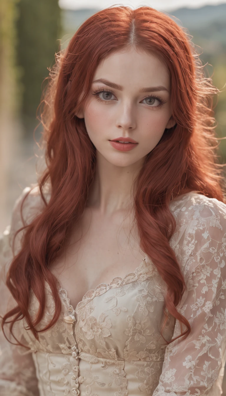 (obra prima, alto detalhe, absurdos, Foto RAW), 1 girl pinup, full body, long red hair, rosto delicado, long eyelashes, little smile, In the Romantic Vintage Setting, summer dress, stockings, high heels