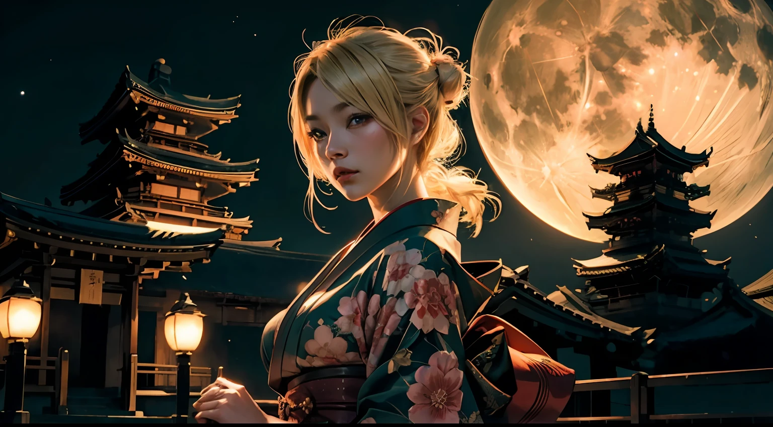blonde japanese woman with D cups, green eyes, night time, red kimono, unity, 8k, beautiful, hyper detailed, realistic, looking in the distance, dramatic lighting, futuristic tokyo in background with temples, full moon