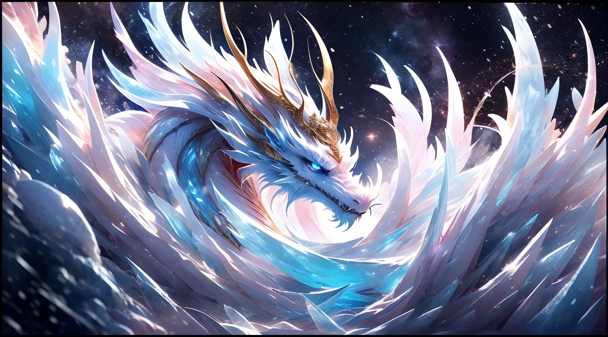 (((best quality)))), ((ultra-detailed))), (((masterpiece))), illustrations In this Ice Age scene, the addition of the element of fire brings strong contrast and visual impact. In the center of the picture, a glacier dragon stands majestically, its body is composed of countless ice-blue scales, each of which is like an independent ice crystal, (8K ultra-high definition), and the edge of each scale is clearly visible. However, what was amazing was that the dragon's mouth spewed not an icy breath, but a blazing flame. The flames jumped and burned in the cold air, illuminating the surrounding ice and snow, creating a strange scene of ice and fire blending. This flame is like a bright star, illuminating the night sky of the Ice Age. The blazing heat of the flames contrasts sharply with the coldness of the glaciers, symbolizing the power of life and the harshness of nature. In this icy world, the presence of flames brings hope and life, adding more layers and depth to the Ice Age scene. On the distant skyline, a bright moon slowly rises, casting a faint glow. The moonlight shines through the mist on the glacier, reflecting the twinkling ice crystals, which contrasts with the blazing heat of the flames, creating a mysterious and dreamy atmosphere. The whole picture emphasizes the magnificence and mystery of the ice age, and conveys the unique atmosphere of this ice magic domain through the use of light and shadow and the change of color. The elements of ice and fire are cleverly combined to create a unique visual impact that will not be forgotten.