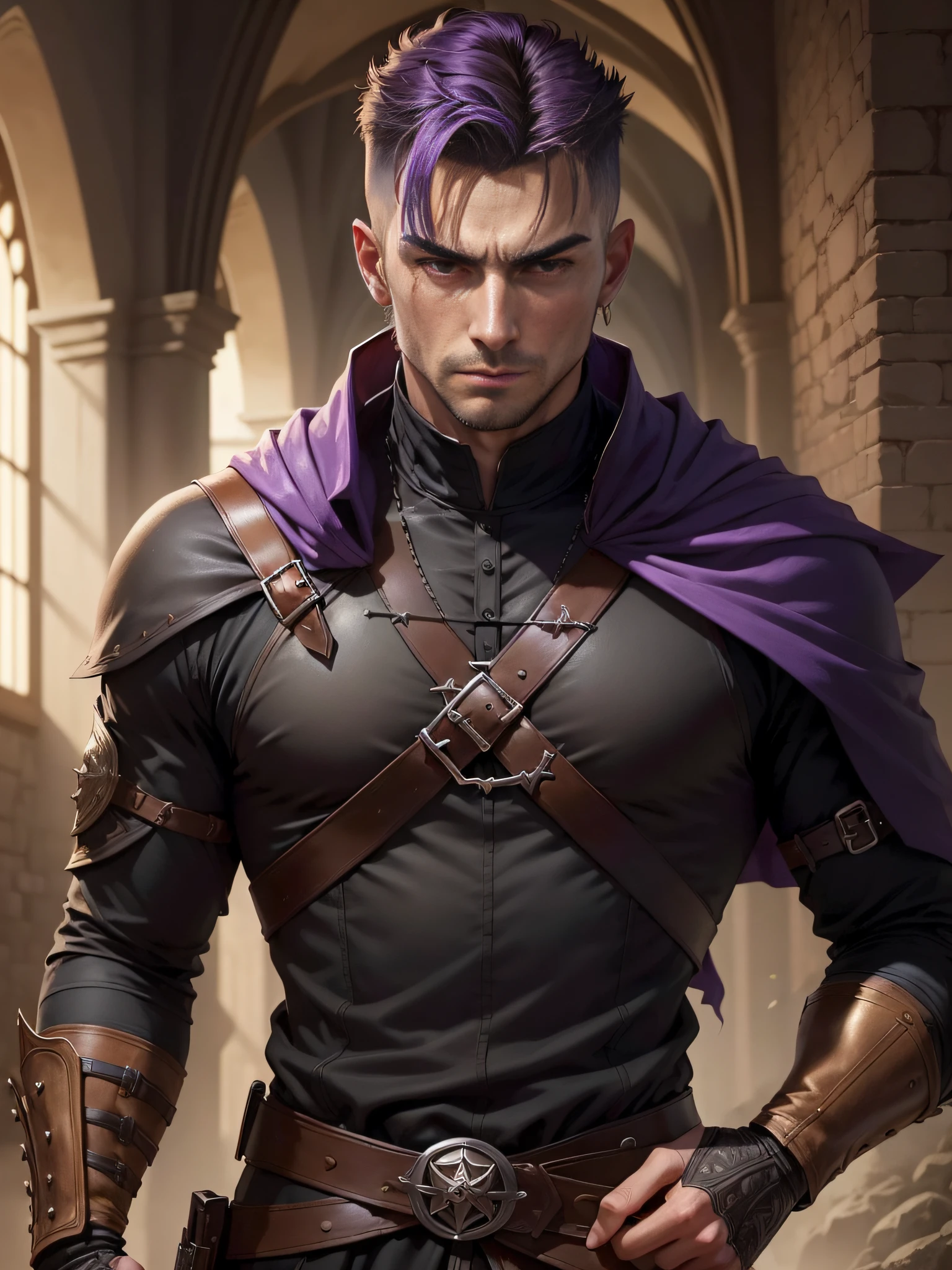 (superfine illustration, Best Quality, Ultra-detailed, medieval:1.5), (proficient male assassin, male focus, solo:1.5), hold back from laughing, stand against the wall, (unapproachable vibe, Lack of emotional ups and downs, Perfect fingers, Perfect hands:1.5), 25 years old, (toned:0.9), (assassin costume, assassin cloak, fingerless gloves), empty church background, dusk, male hair, extremely short hair, purple hair, combed-back hair, male face, male eyebrows, sharp eyes, sharp nose, forehead,