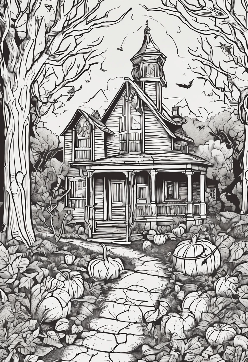 best quality, a stunning lineart artwork of Halloween on the countryside, intricately detailed, (best shadow)