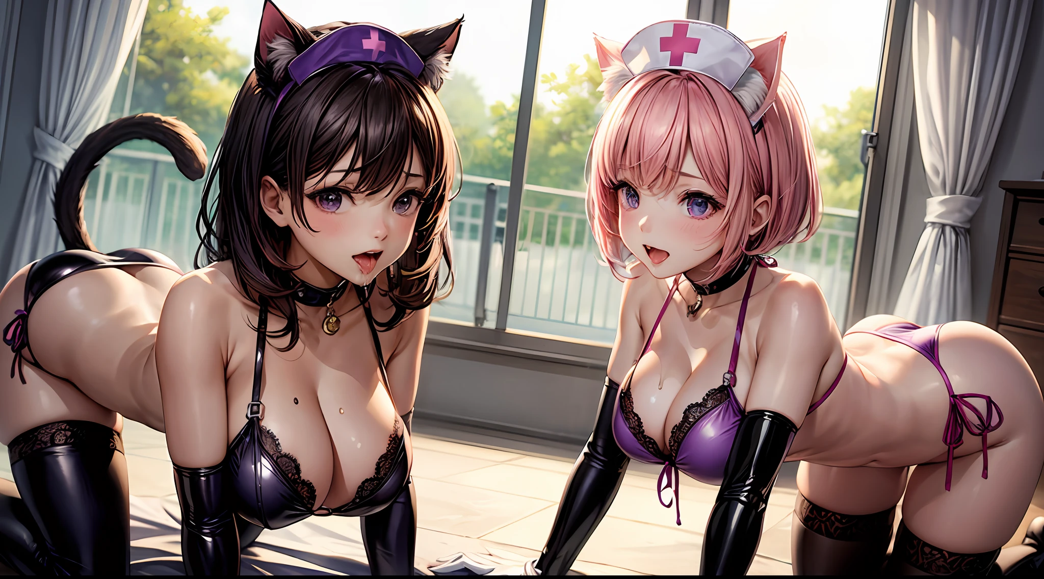 realisitic、top-quality、2girls 、Cat's ears、Nurse Cap,  Pink short hair , Brown medium hair  , Saliva, orgasm , Purple PVC Bikini, Lace gloves、Big breasts, all-fours