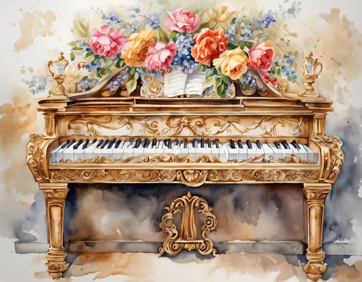 Painting of a grand piano with flowers on top of it - SeaArt AI