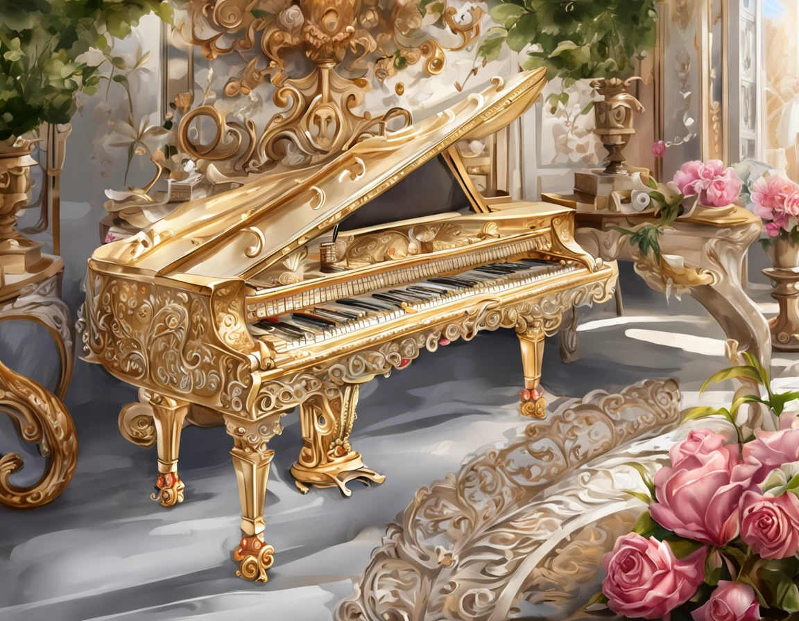 (absurdres, highres, ultra detailed), an ornate Piano created by god himself, heavenly, roses, pearls, gold, diamonds, Ultra photo realism, super-fine, 8K,Premium wallpapers,Highest image quality,3D,C4D,Master masterpieces,octane rendering