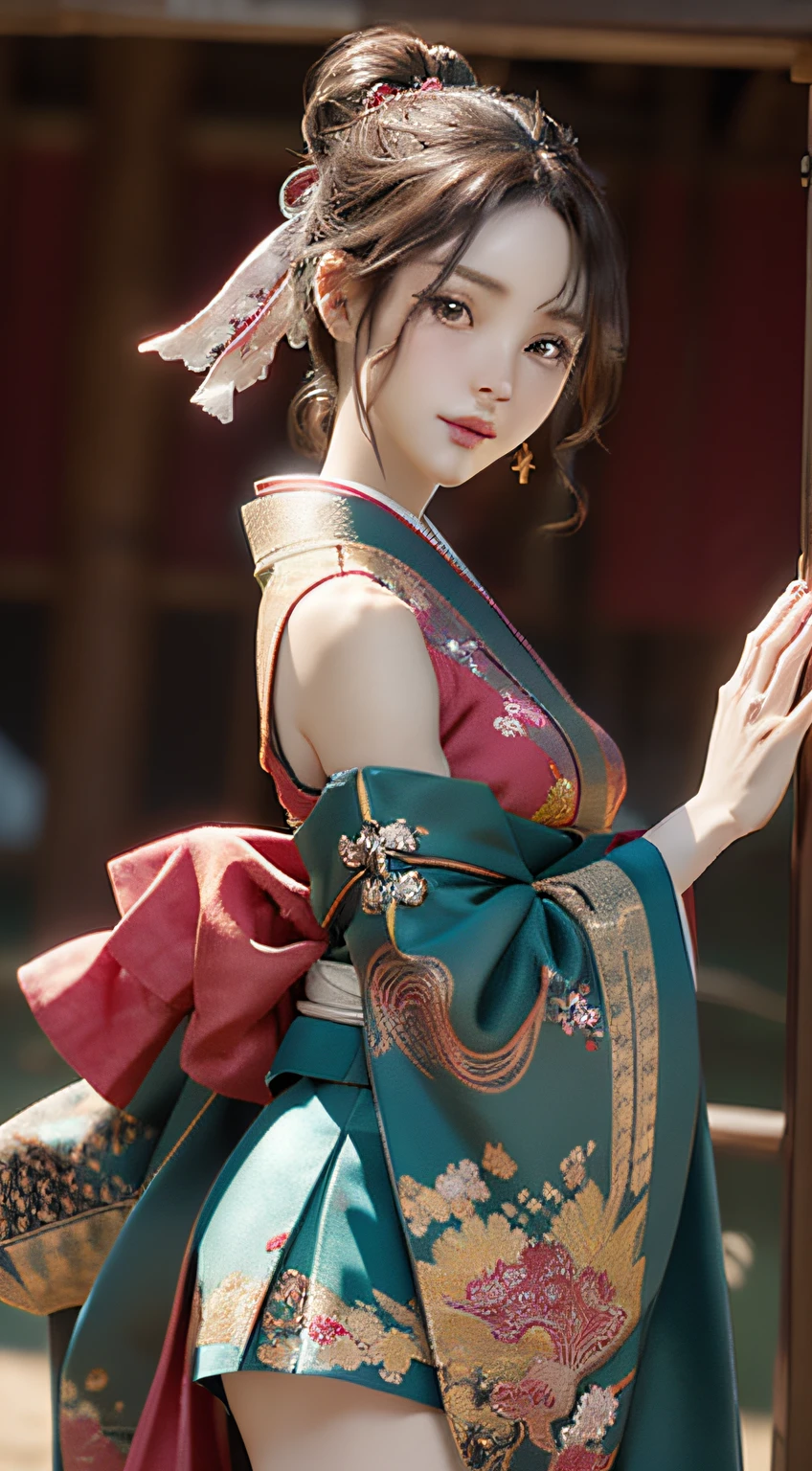 Official art, 统一 8k 壁纸, ultra-detailliert, Beautifully Aesthetic, masterpiece, top-quality, (Zentangle, Tangles, Entanglement), (Fractal Art: 1.4), 1girl in, A dark-haired, japanse, bare shoulders, a short skirt, Calf, ighly detailed, dynamic ungle, cowboy shot, (The most beautiful forms of chaos), A flowing, (bright colour), nffsw, (half: 1.2), japanese-inspired, (Tanka Flying Sky: 1.5), (bow ribbon: 1.3), (Dreams: 1.5), (A Japanese style: 1.5), Japan Phoenix、(A smile:0.5)、(japanese god)、