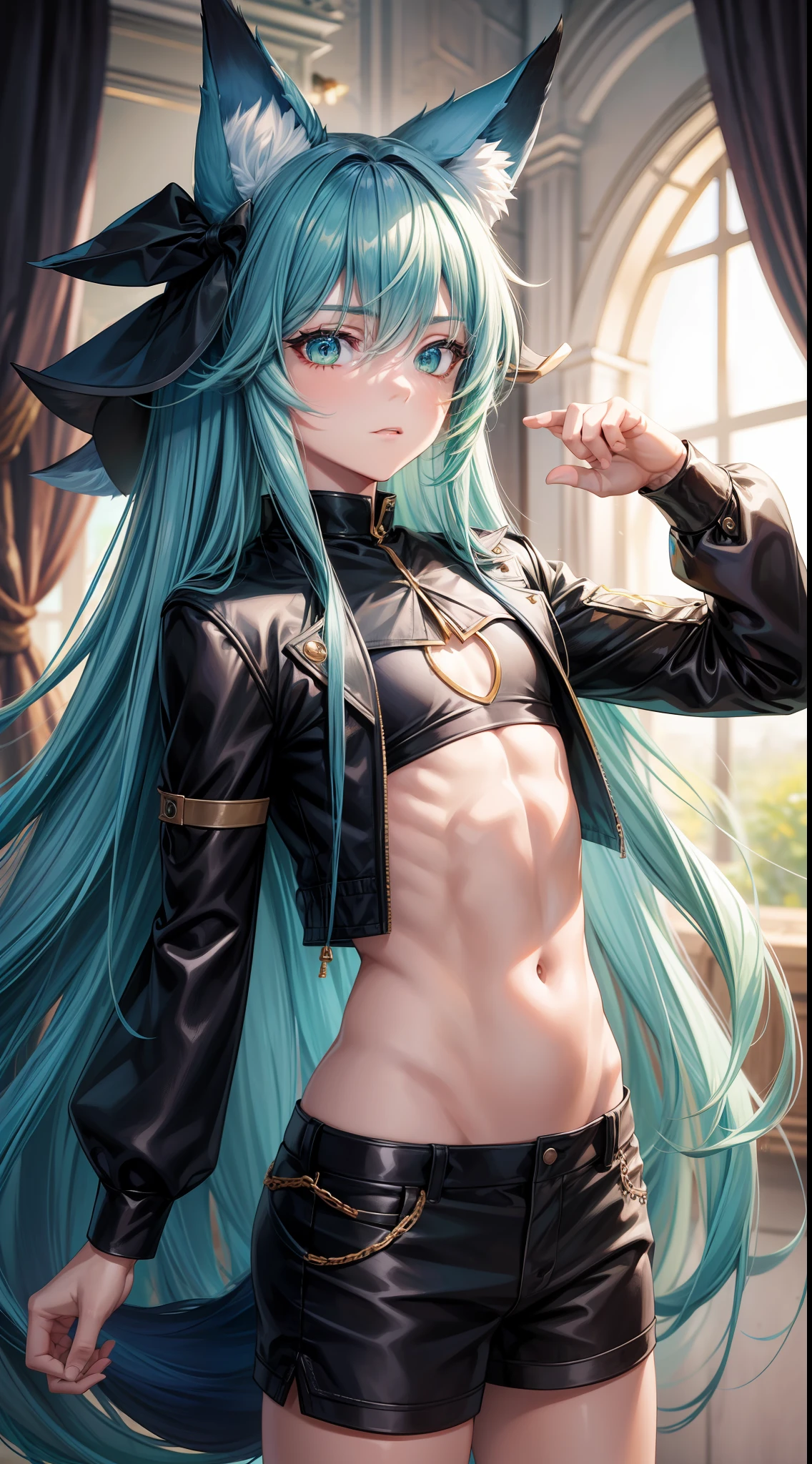 young boy, long blue hair, Fox ears, Green eyes, black skintight clothes, Shorts, open belly, Masterpiece, hiquality