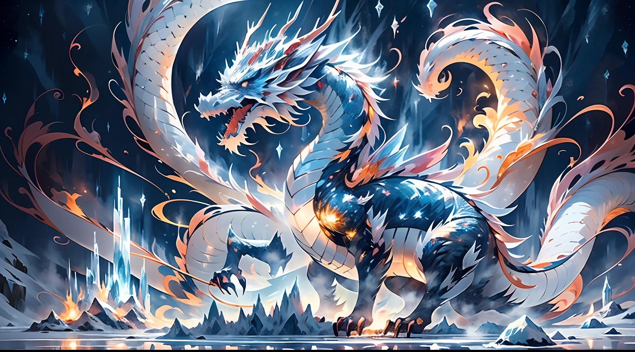 (((best quality)))), ((ultra-detailed))), (((masterpiece))), illustrations In this Ice Age scene, the addition of the element of fire brings strong contrast and visual impact. In the center of the picture, a glacier dragon stands majestically, its body is composed of countless ice-blue scales, each of which is like an independent ice crystal, (8K ultra-high definition), and the edge of each scale is clearly visible. However, what was amazing was that the dragon's mouth spewed not an icy breath, but a blazing flame. The flames jumped and burned in the cold air, illuminating the surrounding ice and snow, creating a strange scene of ice and fire blending. This flame is like a bright star, illuminating the night sky of the Ice Age. The blazing heat of the flames contrasts sharply with the coldness of the glaciers, symbolizing the power of life and the harshness of nature. In this icy world, the presence of flames brings hope and life, adding more layers and depth to the Ice Age scene. On the distant skyline, a bright moon slowly rises, casting a faint glow. The moonlight shines through the mist on the glacier, reflecting the twinkling ice crystals, which contrasts with the blazing heat of the flames, creating a mysterious and dreamy atmosphere. The whole picture emphasizes the magnificence and mystery of the ice age, and conveys the unique atmosphere of this ice magic domain through the use of light and shadow and the change of color. The elements of ice and fire are cleverly combined to create a unique visual impact that will not be forgotten.