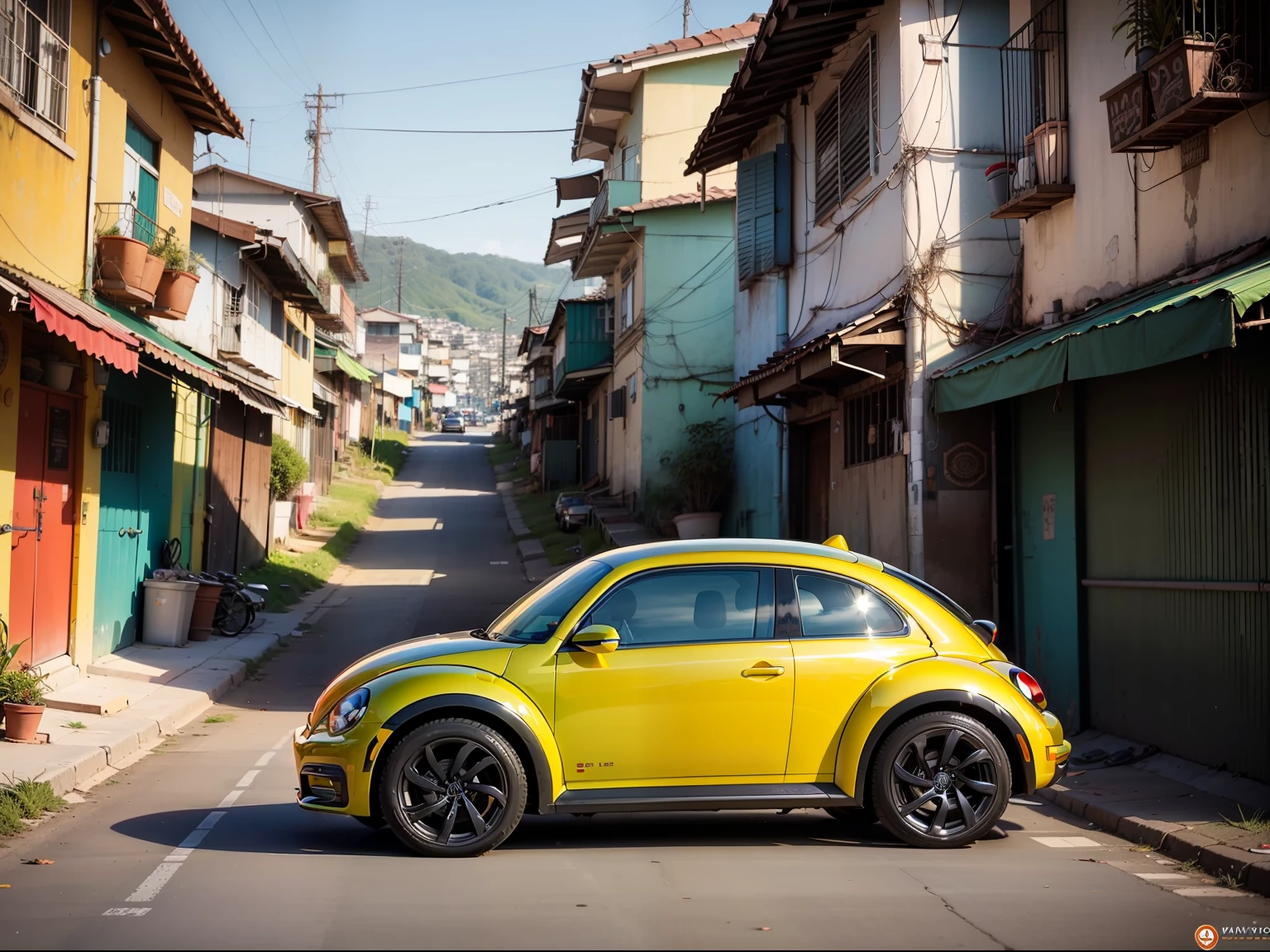 Volkswagen Beetle Year 2003 should be centralized having only one per image, in the middle of the image appearing in full, mixing with the design of Hatch cars from 2023 but without losing characteristic features of the Beetle Year 2003, and the background that reminds of a Brazilian favela.