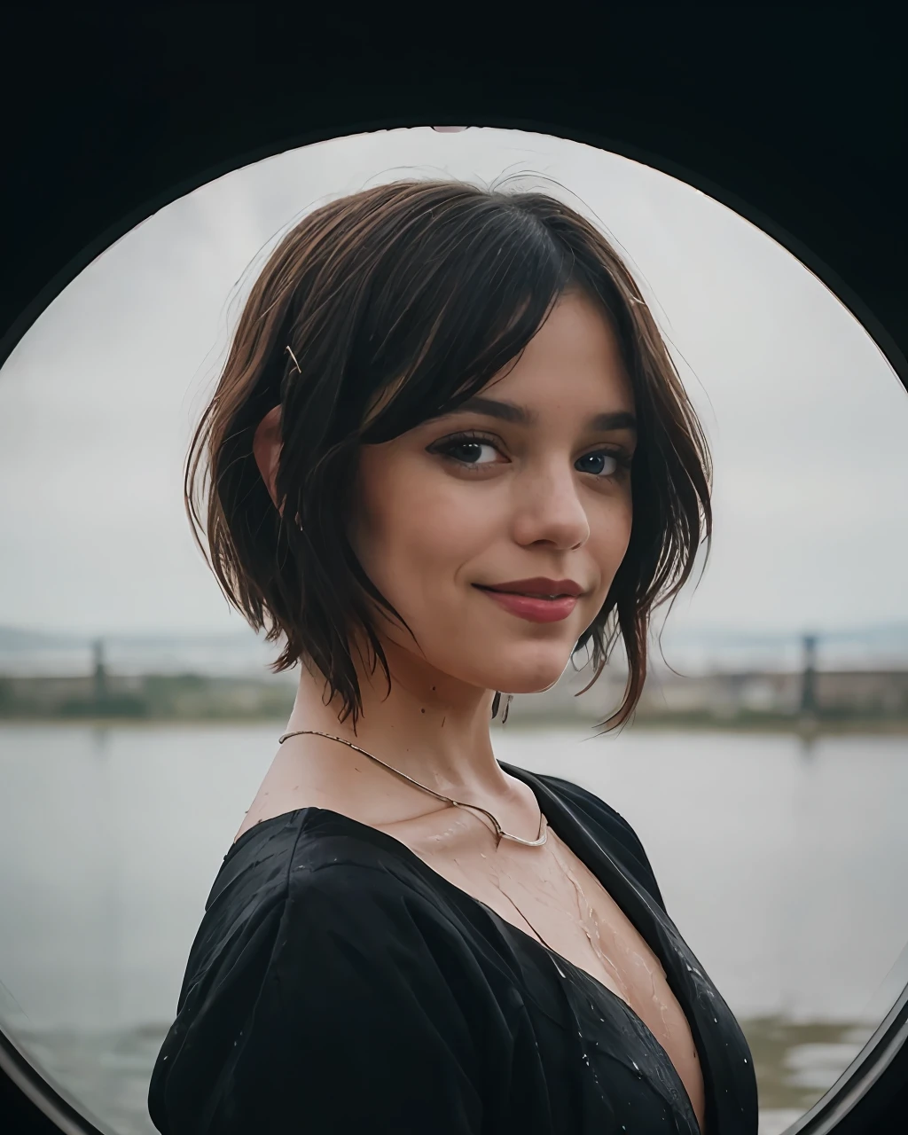 Photo of jortega at the giggling, solo, blue eyes, reverse bob haircut, shiny skin, WET skin, headshot, warm atmosphere, photograph, photoshoot, Captured by Panavision Panaflex Platinum Camera with Panavision Primo Primes Spherical Lens 85mm T1.8