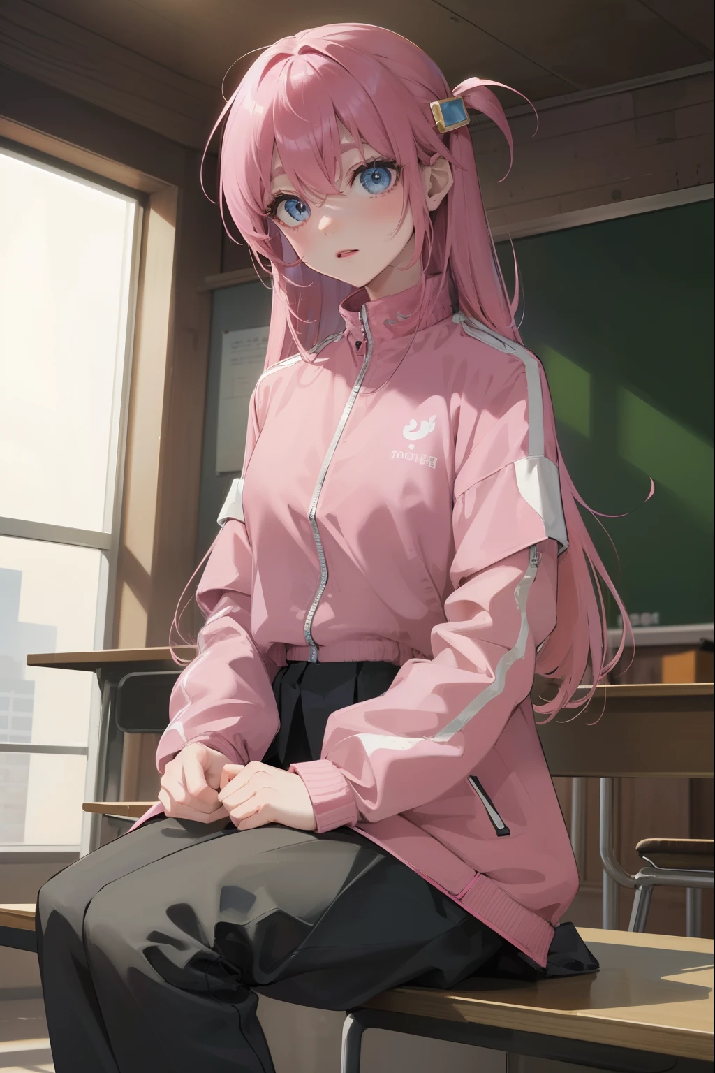 hitorigotou, hitori gotou, blue eyes, cube hair ornament, hair between eyes, hair ornament, pink hair, one side up, long hair,
BREAK black skirt, jacket, long sleeves, pants, pants under skirt, (pink jacket:1.5), pink pants, pleated skirt, skirt, track jacket, track pants, track suit,
BREAK looking at viewer,
BREAK indoors, classroom,
BREAK (masterpiece:1.2), best quality, high resolution, unity 8k wallpaper, (illustration:0.8), (beautiful detailed eyes:1.6), extremely detailed face, perfect lighting, extremely detailed CG, (perfect hands, perfect anatomy),