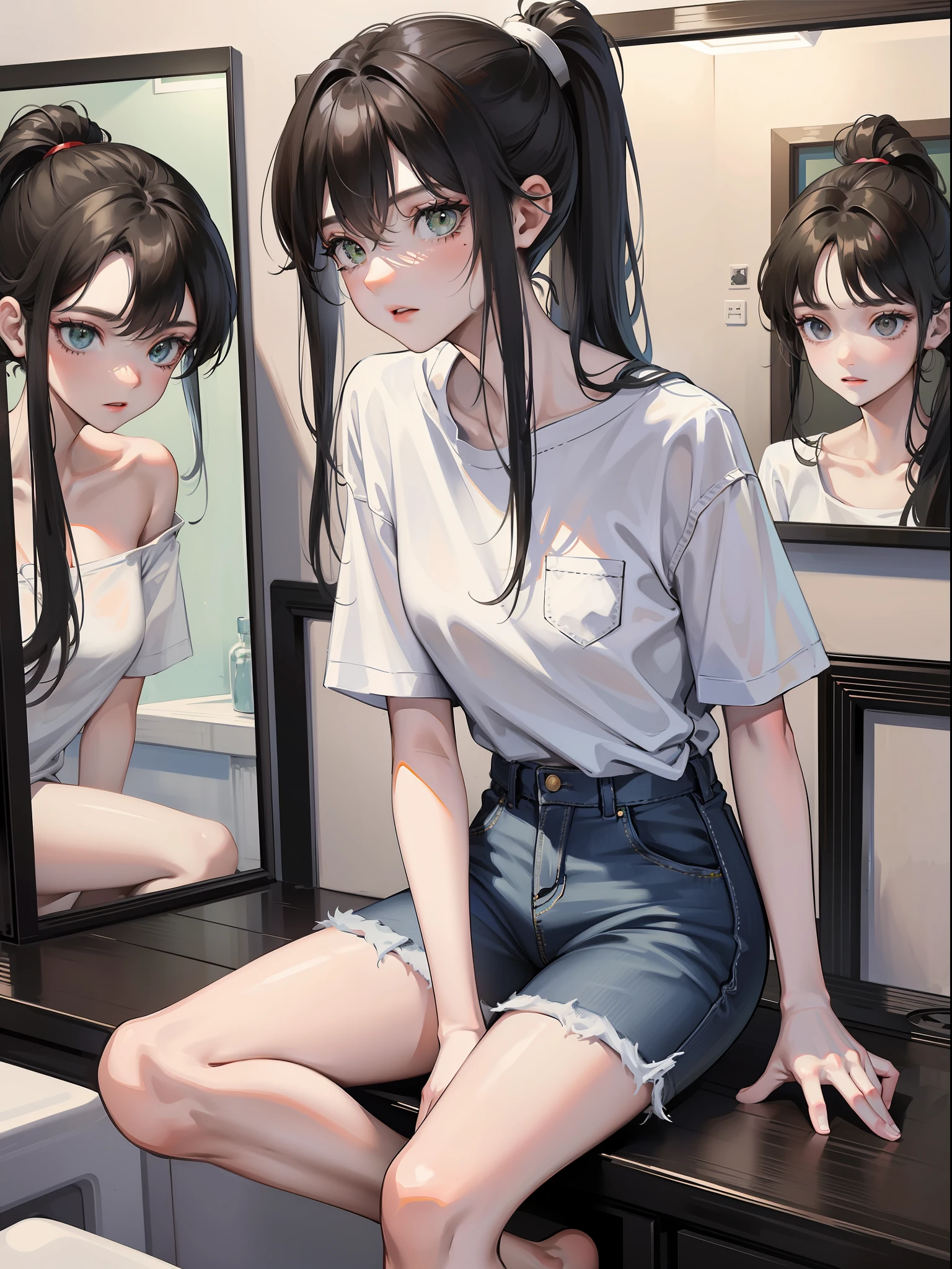 Staring at the sunset, black hair girl,Thin stature,hair messy,Long hair,a small face,emaciated,White loose short sleeves,Bare legged,without wearing shoes,slovenly,disheveled hair,The face is dark,1 girl in,adolable,Dark denim pants,White and green short sleeves,legs are very thin,High ponytail with mirror finish,Square Grid Comics
