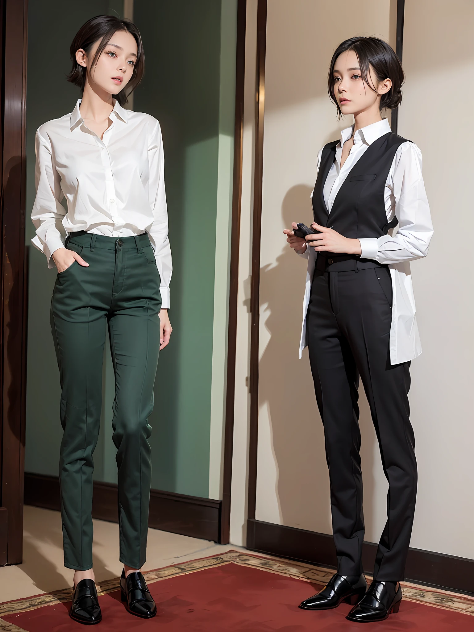 (Masterpiece:1.3), (8K, Photorealistic, RAW photo, Best quality: 1.4), (1girll), Beautiful face, (Realistic face), Short black shoulder-length hair, Nice hairstyle，photorealistic eye，Nice detail eyes，（Realistic skin），Beautiful skins，absurd res，enticing，超高分辨率，Ultra photo realsisim，The is very detailed，the golden ratio，Light green long sleeved stand up collar shirt，Dark green straight-leg pants，Black shoes，Small chest，Slim，emaciated，The upper part of the body，inside in room，In the red style meeting room，Dusk light，are standing，holding a pistol in hand