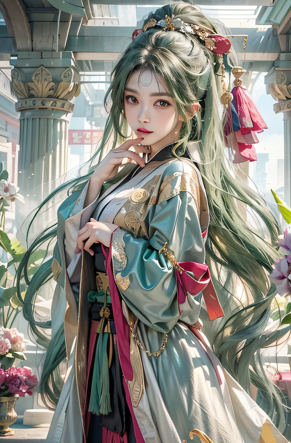 Photorealistic, high resolution, 1womanl, Solo, Hips up, view the viewer, (Detailed face), Green hair, Long hair, taoist robe,Oversized clothes, jewelry