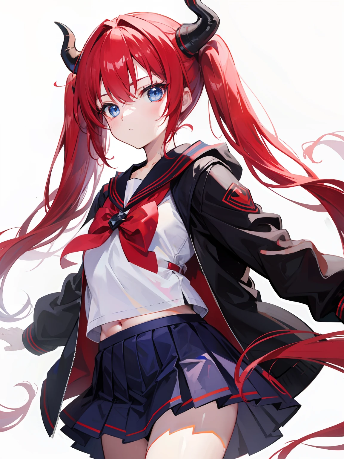 red hair, blue eyes, twintails, Sailor suit,black coat, Dragon horns,Pleated skirt,solo,li,cute,bow