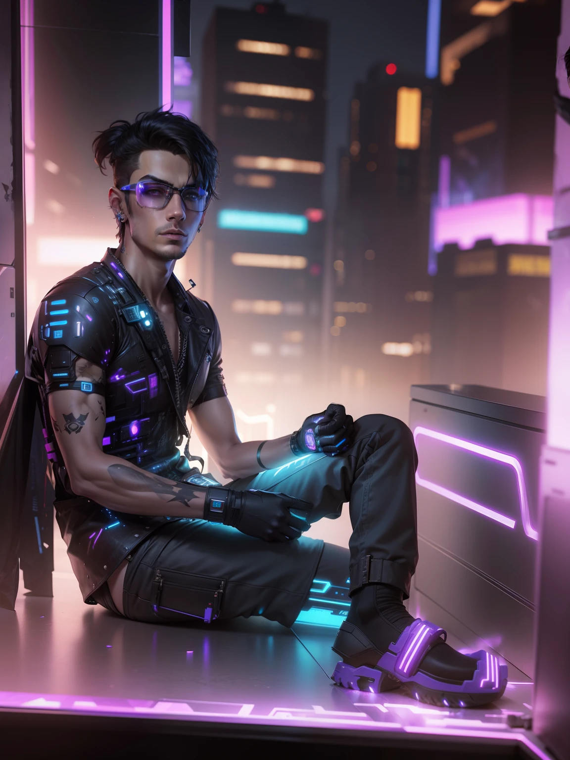 Change background cyberpunk handsome boy ultra realistic with cat --v 4