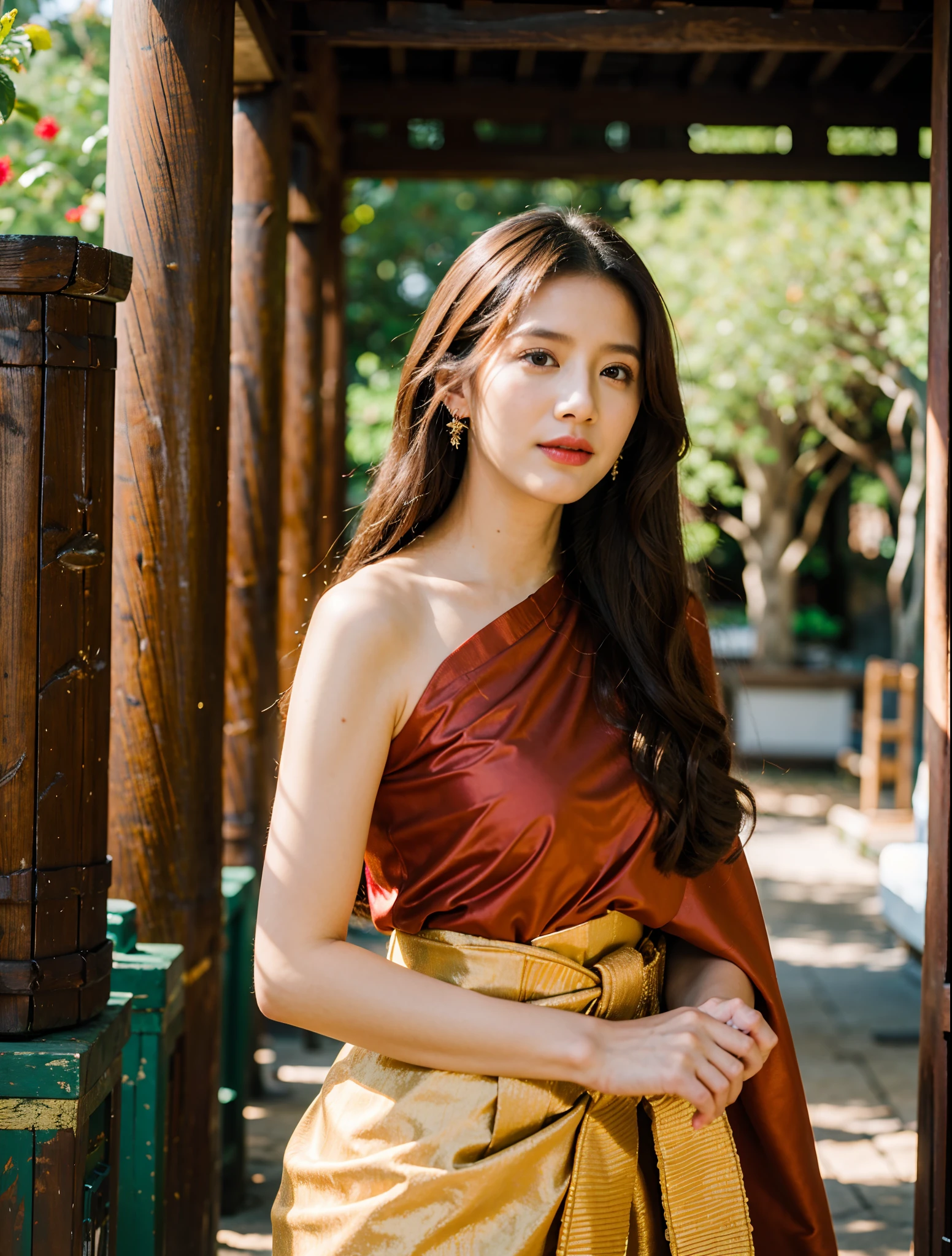 (8k,masterpiece,hi ultra res, realistic :1.3), best quality, portrait , realistic, focus face, 1  woman, brown long hair, thai traditional dress , ( red sabai:1.2), temple background, (breeze:1.2),(sun lighting:1.2)