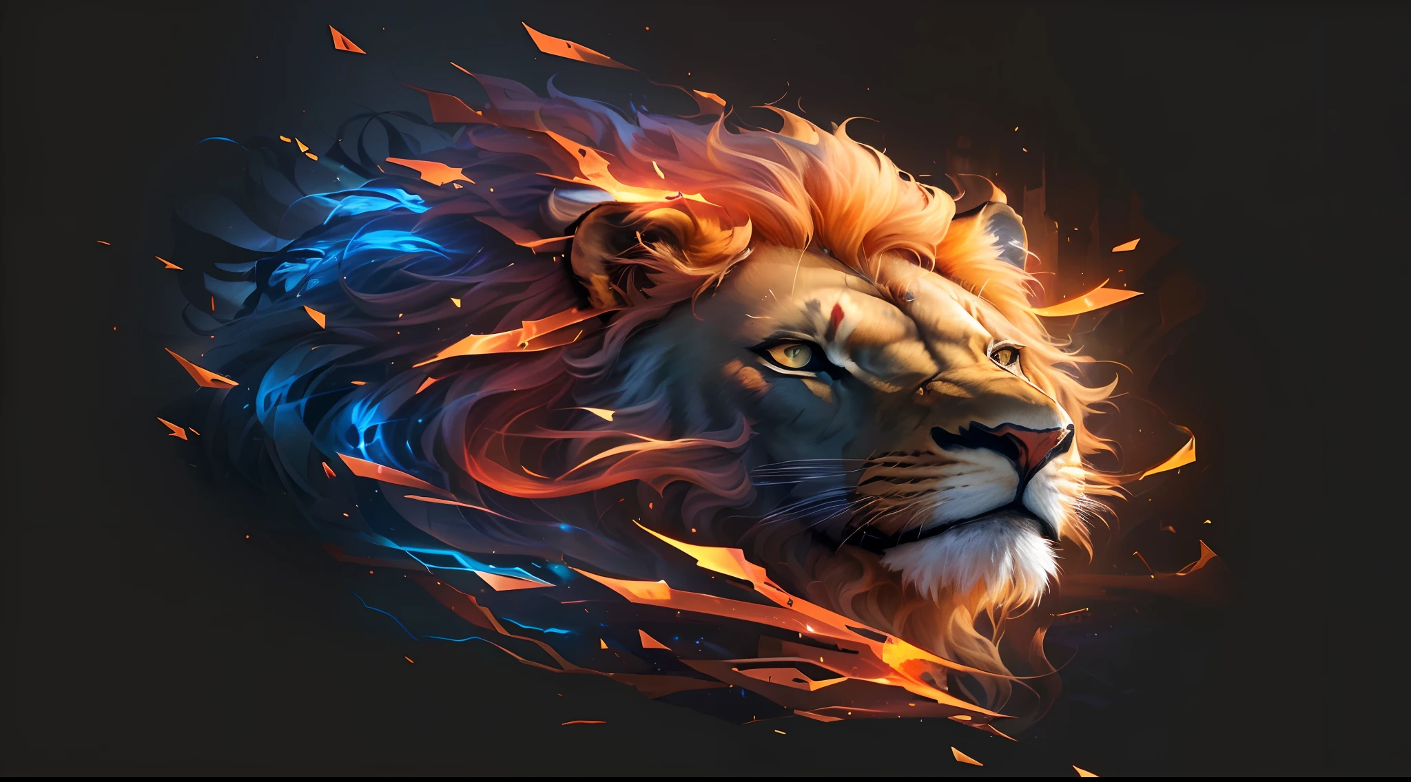 A closeup of a lion with a mane of fire on its head, Fire Lion, fire and flames mane, fierce expression 4k, lion head, Roaring Blue Lion. majestoso, epic digital art illustration, bela arte digital, Papel de parede 4k, Papel de parede 4k, Lion, lion warrior, Arte digital detalhada em 4k, third lion head, obras de arte impressionantes, paper awesome wallpaper