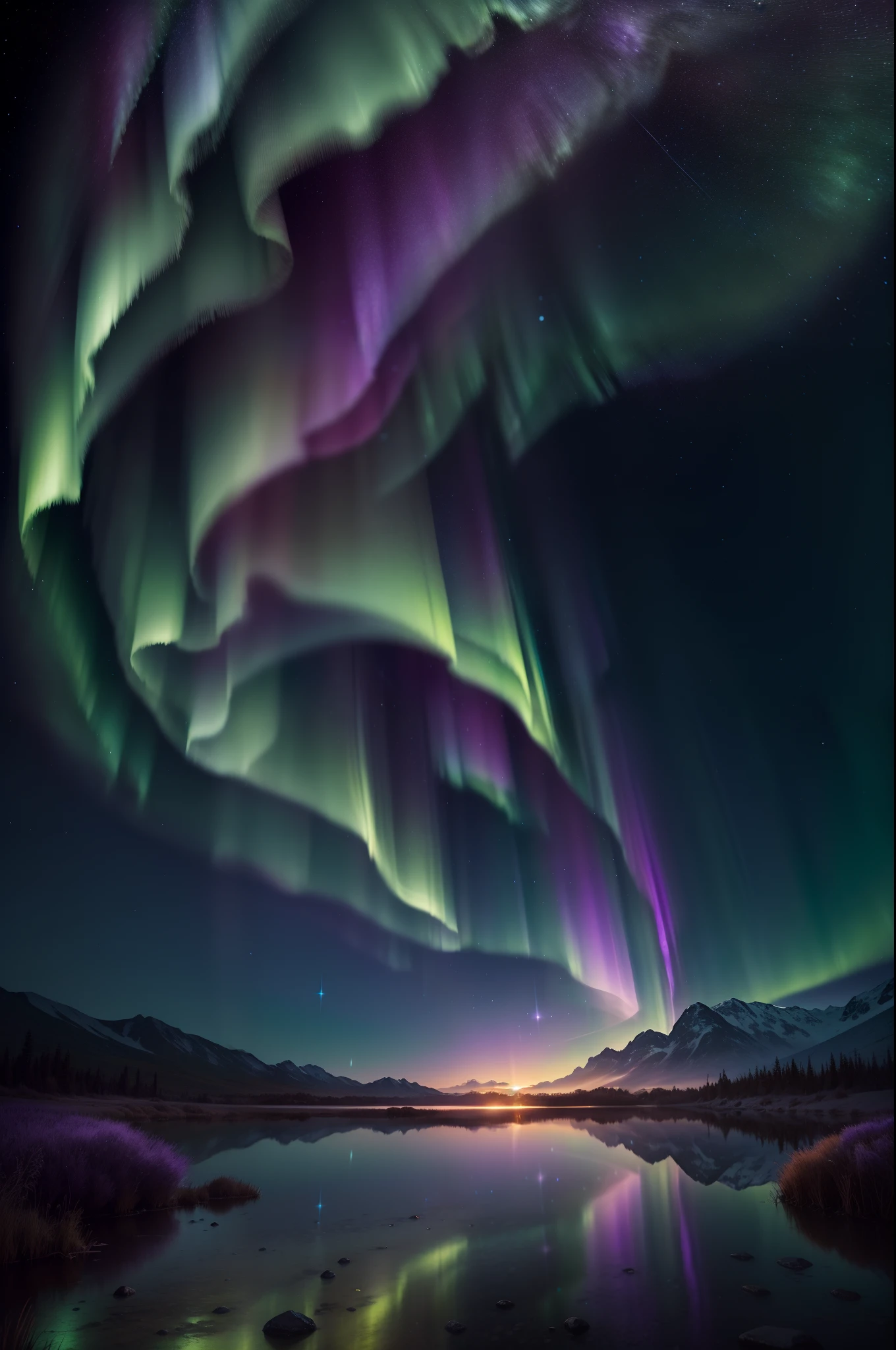 "Starry night sky adorned with mesmerizing aurora borealis, painting the horizon with enchanting green and purple hues."