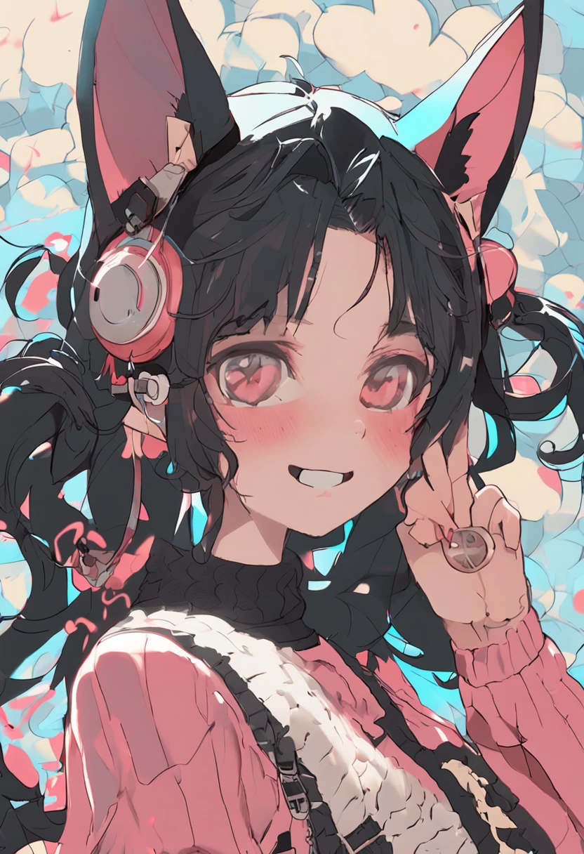 Live-action texture,Black hair, hair bobbles, wince, long eyelasher, solid circle eyes, Fake animal ears, Light smile, Ear blush, Fang, topknot, mouth mask, Earphone, Colored Contact Lenses, Cat ears, Evil smile, surrealism, shadowing, anaglyph, stereograms, tachi-e, angle of view, Atmospheric perspective, surrealism, High detail, Tonalism, OP Art, stereograms, 8K, Super detail, ccurate, Best quality, Masterpiece, Textured skin
