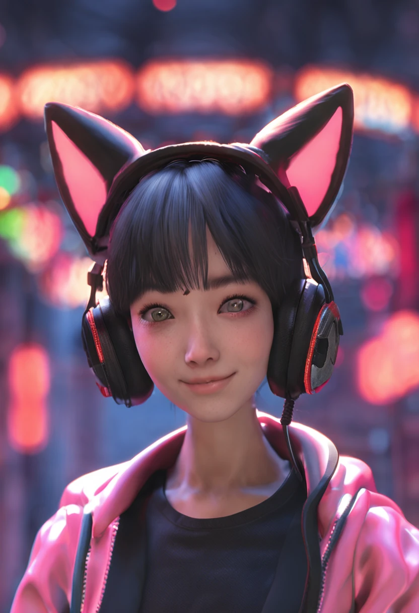 Live-action texture，Black hair, hair bobbles, wince, long eyelasher, solid circle eyes, Fake animal ears, Light smile, Ear blush, Fang, topknot, mouth mask, Earphone, Colored Contact Lenses, Cat ears, Evil smile, surrealism, shadowing, anaglyph, stereograms, tachi-e, angle of view, Atmospheric perspective, surrealism, High detail, Tonalism, OP Art, stereograms, 8K, Super detail, ccurate, Best quality, Masterpiece, Textured skin