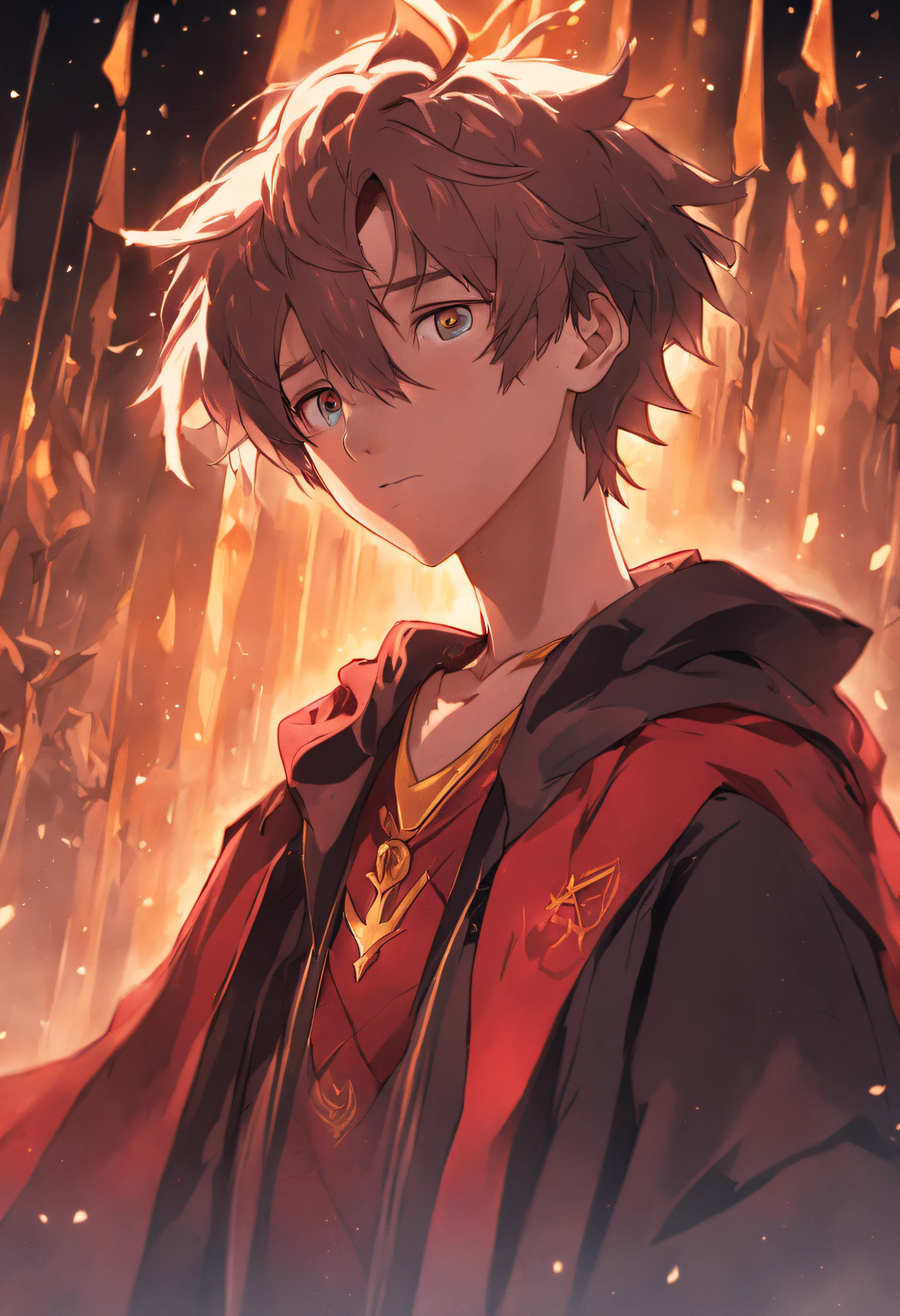 （head portrait），（ boy，self-assured，ssmile，Hands on chins，Head slightly raised，Wearing the wizarding clothes of Gryffindor House），（Hogwarts elements），（hand painted style）