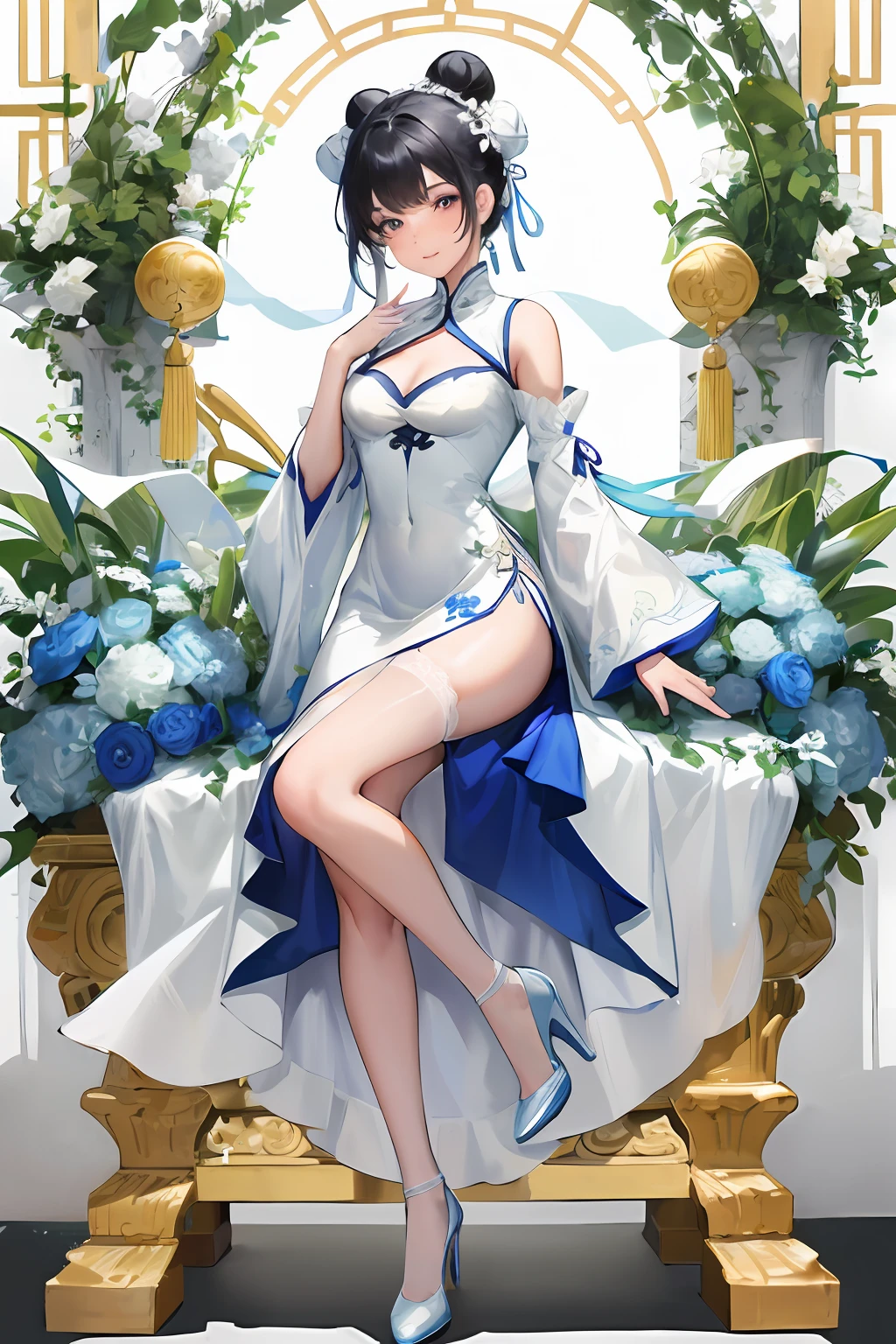 Masterpiece, top quality, 1 girl, white cloth bun bun, finger on mouth, legs wearing white stockings with lace trim, blue cheongsam, blue dress, a little cleavage, shoulders, high heels, black hair, smile, embroidered dress, Full body photo, ancient Chinese style,