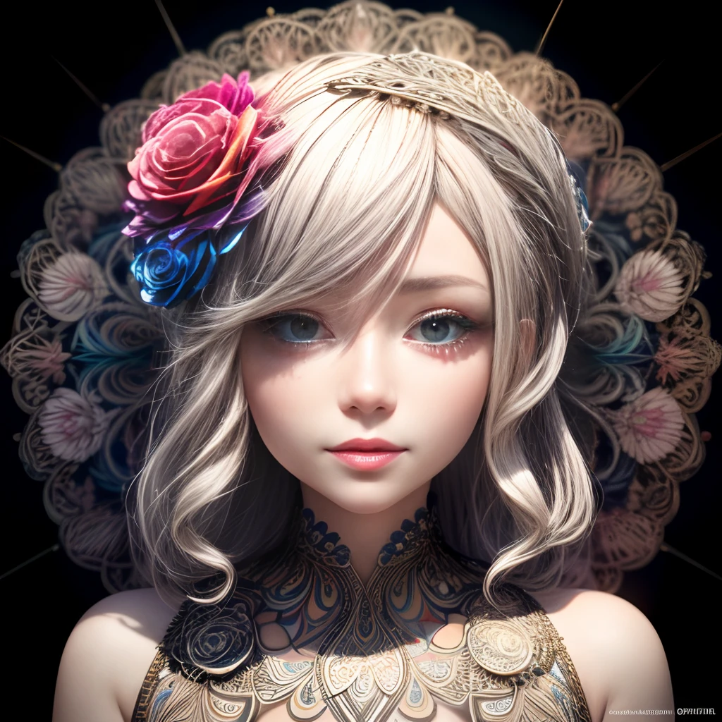 Rainbow Colors theme,paper art,masutepiece,3d rendered,ighly detailed, in spring,1girll, closing eye,ssmile,cabelos preto e longos,Rose, (Zentangle:1.2), (Geometry:1.2),cinematic lighting effect,4K