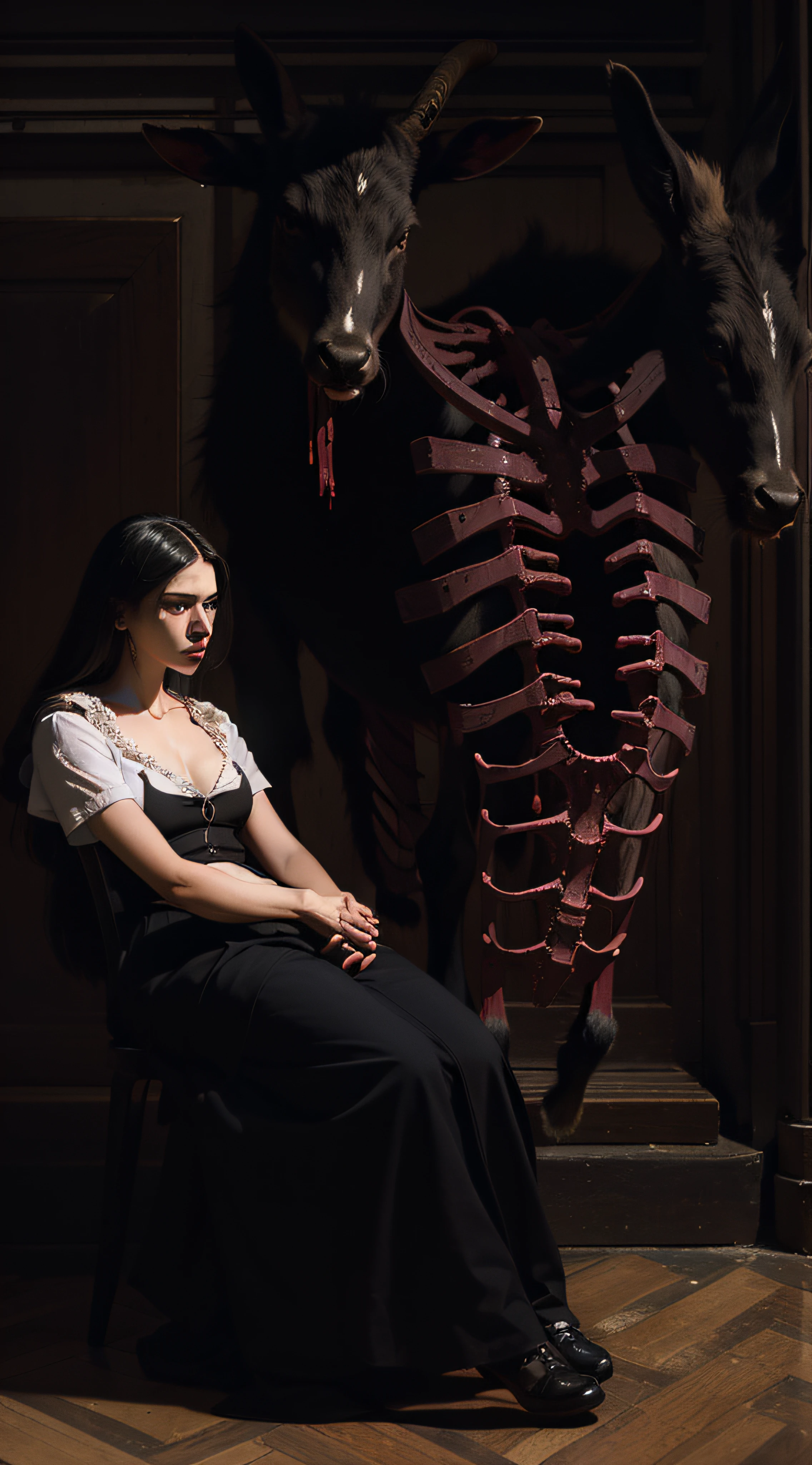 "(The best lighting, alto contraste, oscuro, dramatic),(Chica junto a una cabra negra gigante, Open the rib cage, autopsia, caldero con huesos humanos, sangre por las paredes),Luz Caravaggio"