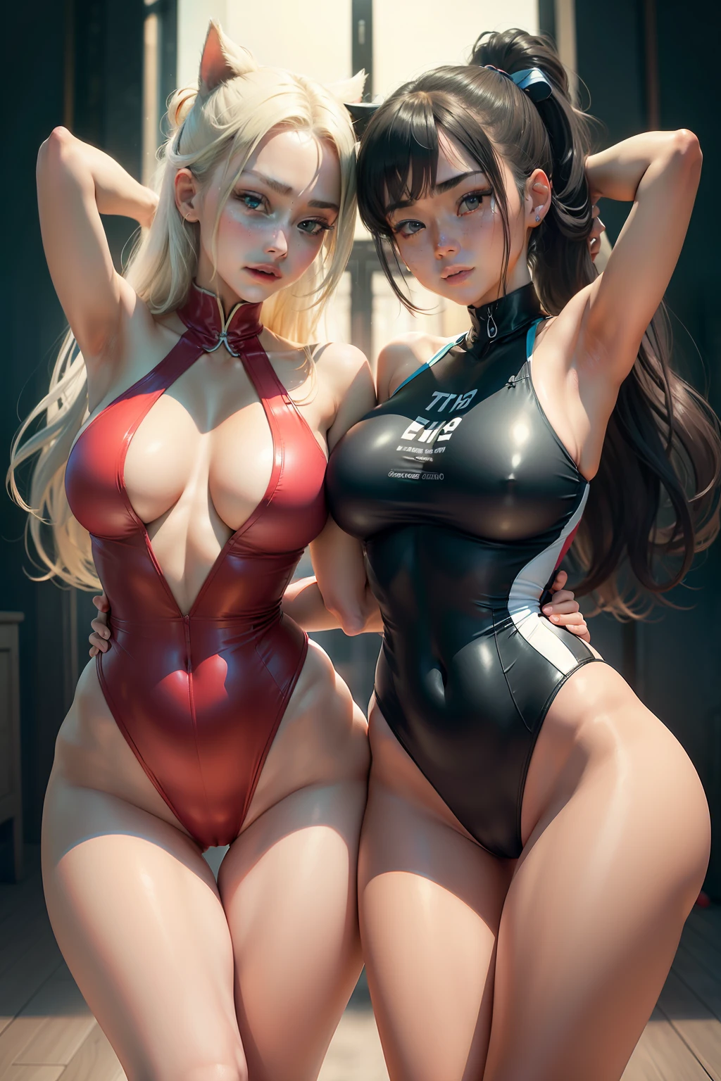 There were two girls in total,One of them:Skysky,Focus on the face,Beautiful face,Delicate, Youthful face,one piece swimsuit,(huge tit,huge tit,huge tit:1.3),thigh gap,Camel toes realistic style,Vivid pictures,tmasterpiece,(best qualtiy:1.2),Hyper-detailing,realisticlying,k hd,high qulity,cinematric light,Ray traching,超高分辨率,hyper HD,(realisticlying:1.5),Complicated details,Detailed textures,finely detailled,High quality shadows,white legwear,High ponytail,Be red in the face,Lift one arm to expose the armpit