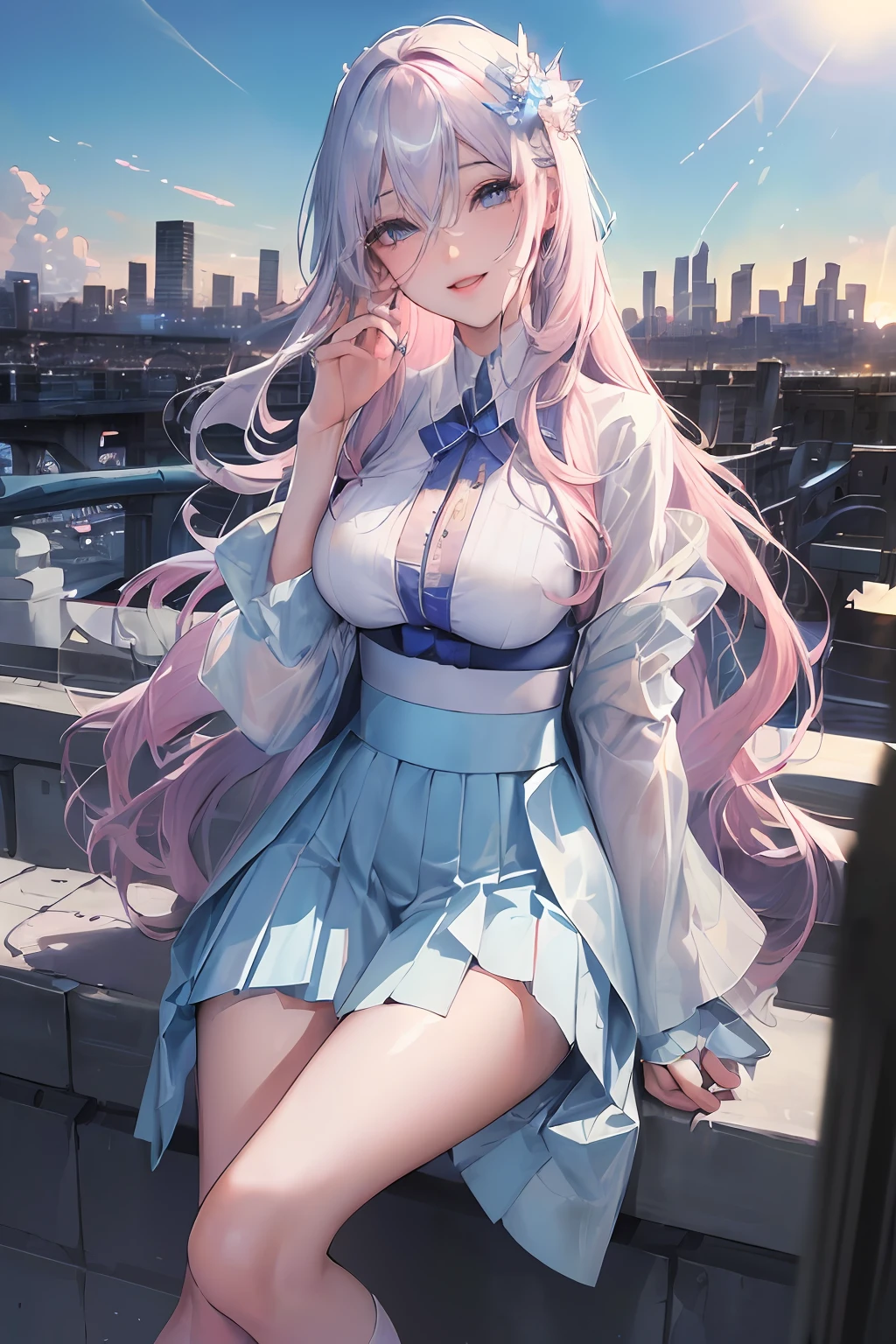 official art, masterpiece, sharp focus, (beautiful gorgeous cute Korean woman:1.3), (beautiful cute korean:1.3), korean beauty, Delicate and beautiful hair and eyes and face, realistic, ultra detailed, beautiful girl, blue sky, glow white particle, (sidelighting:1.2), sun light, white cloud, detailed clouds, slender, Lovely very large breasts and very large hips, smile with teeth, ((smile with eyes, open both eyes)), scenery, long straight hair, sexy facial expression, building, (cityscape:1.7), dynamic hair, long straight hair, detailed platinum pink hair, glow blue eyes, (blue pleated shirts + white skirt), white long socks, pale skin, hair ornament, epic scenery,