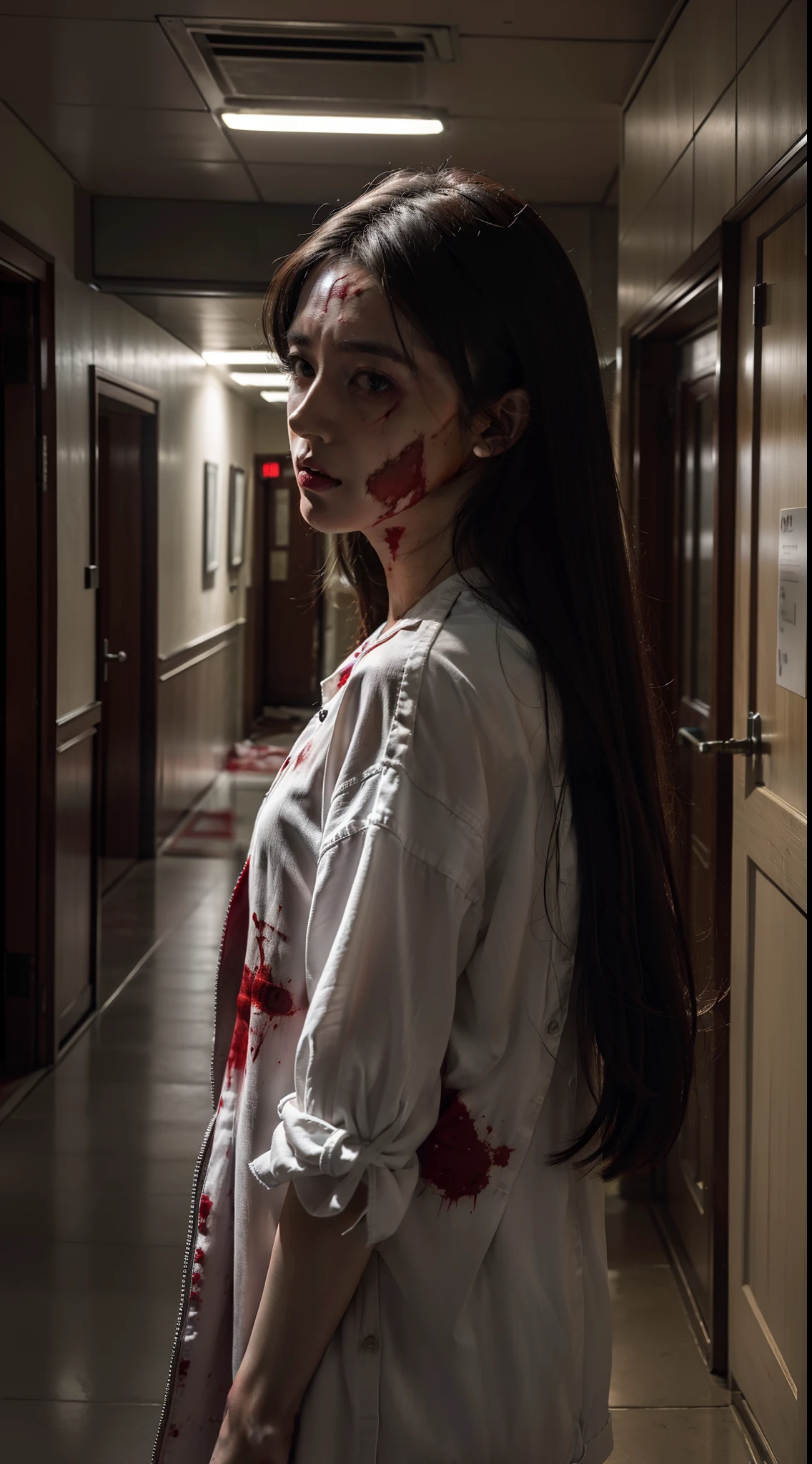 k hd,Kizi,Bloody face,bloodstained clothes,wounded,zombie,nurse's outfit,an empty hallway,hospitals,bite mark,Scratched clothes,Damaged clothes,messy hair,Bare legged,Open-mouthed
