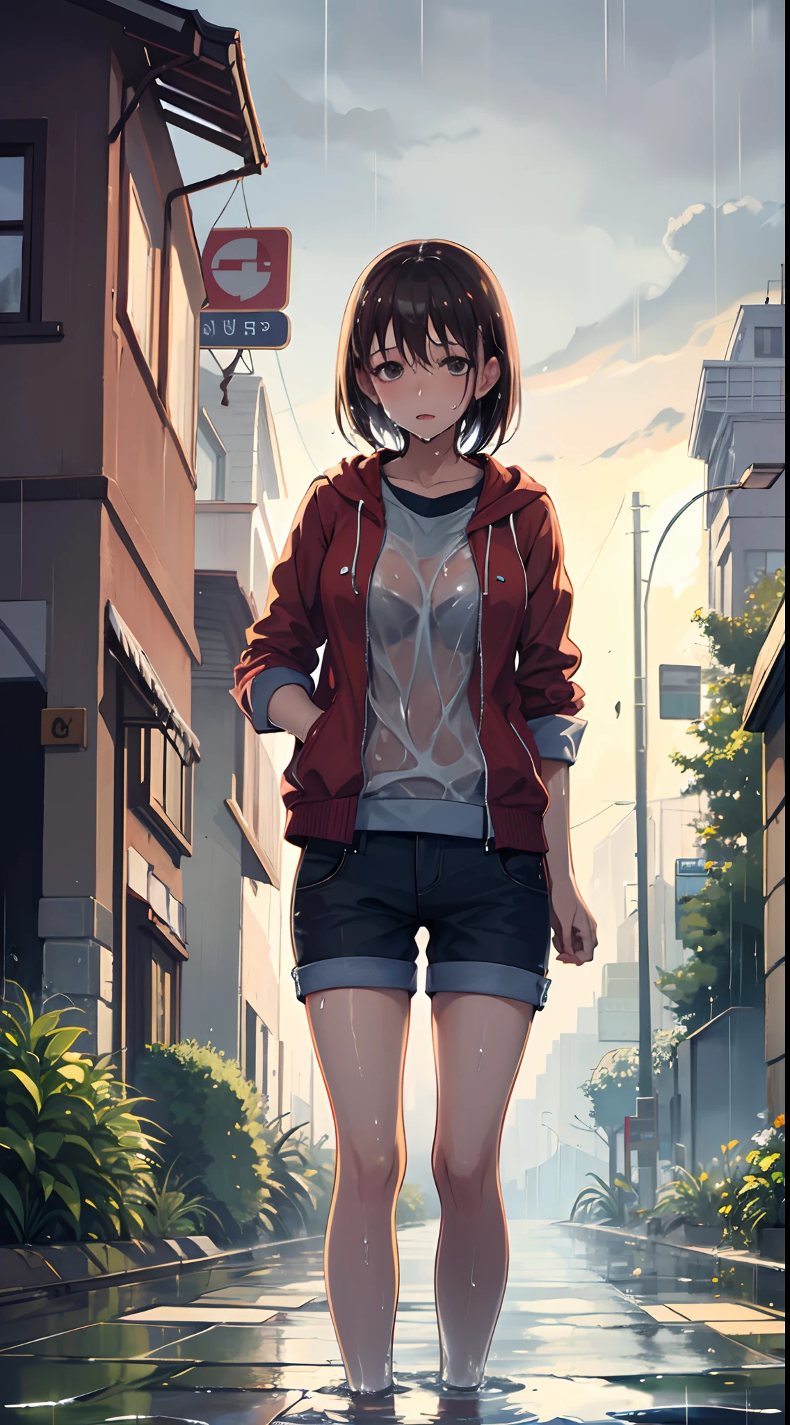 Woman in short clothes in the rain, (Wet woman), Water dripping on the body, a street, urban envrionment.