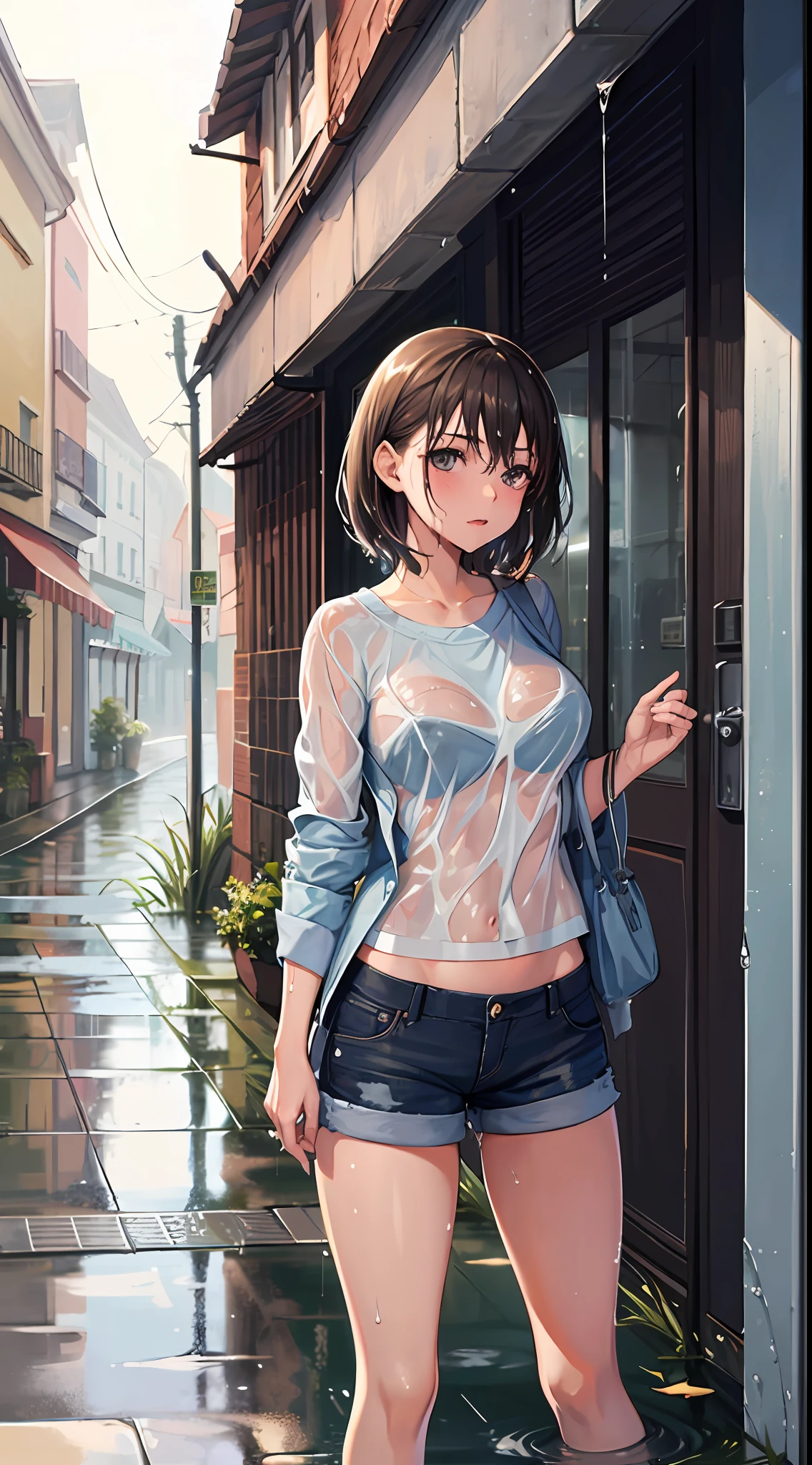 Woman in short clothes in the rain, (Wet woman), Water dripping on the body, a street, urban envrionment.