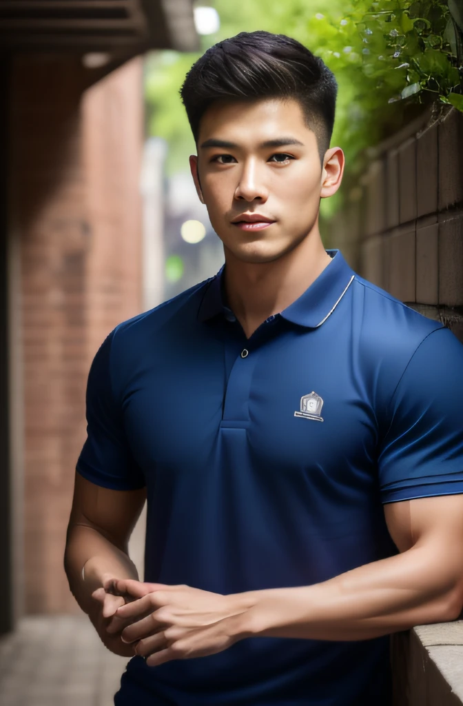 A man in a police uniform in his 20s poses for a photo., Wear a navy shirt......, high-res, master-piece, bestquality, head:1.3,((Hasselblad photography)), finely detailed skin, crisp focus, (Cinematic lighting), nighttime, gentle lighting, dynamic angle, [:(detailed face:1.2):0.2],(((exercise))), outside