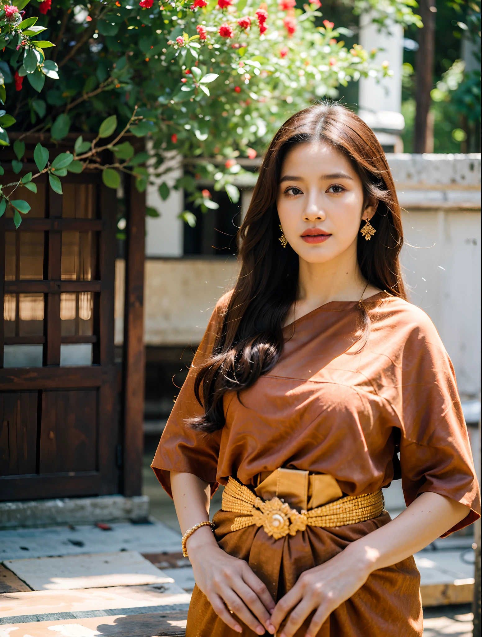 (8k,masterpiece,hi ultra res, realistic :1.3), best quality, portrait , realistic, focus face, 1  woman, brown long hair, thai traditional dress , ( red sabai:1.2), temple background, (breeze:1.2),(sun lighting:1.2)