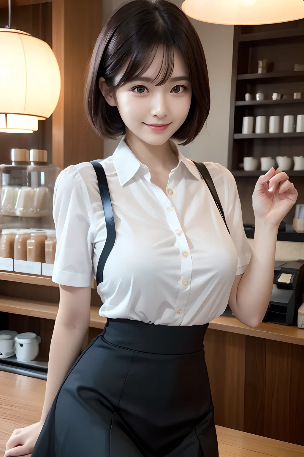 Yumi Hiromi, Photos of sexy women in Japan, Japan amateur, Amateur big,  Photos of Japan, , 1girl in, 独奏, shorth hair, with arms up, A smile, dark brown eyes, (perfect glossy shiny skins:1.3), (1girl in), 独奏, (8K, Raw photography, top-quality, ​masterpiece:1.2), (Photorealsitic:1.37), (Exquisitely detailed), Ultras_Color, (realisitic), hightquality, ultra-detailliert, (real looking skin), (intricate-detail), (Dramatic_light), (Beautiful_Detailed_light), lensflare, Ultras_Color, , Professonal lighting, photon maping, hight resolution, ighly detailed, lighting like a movie, (beautiful tbig eyes)、Green_Eyes, cute  face, Blush face, Light smile, High Nose Bridge, [:(详细的脸:1.2):0.2]、shinny eyes、(pureerosface_v1:0.2), (ulzzang-6500:0.8)、(a 20 years old beautiful Japanese woman)、(A perfectly proportioned face)、(lofty nose)、Beautiful composition、(slim)、de pele branca、(Cute)、、nice hand、perfect hand、((Standing in a café))、(large full breasts)、looking at the viewers、steaming body、(shinny skin)、(A smile:1.1)、red blush, (Best Quality, 8K, 32K, :1.2),Cute Japan woman in her 20s,((short-hair))(Cafe Clerk)((Collared shirt))(Long skirt with high waist)(Black stockings)(Narrow thighs)