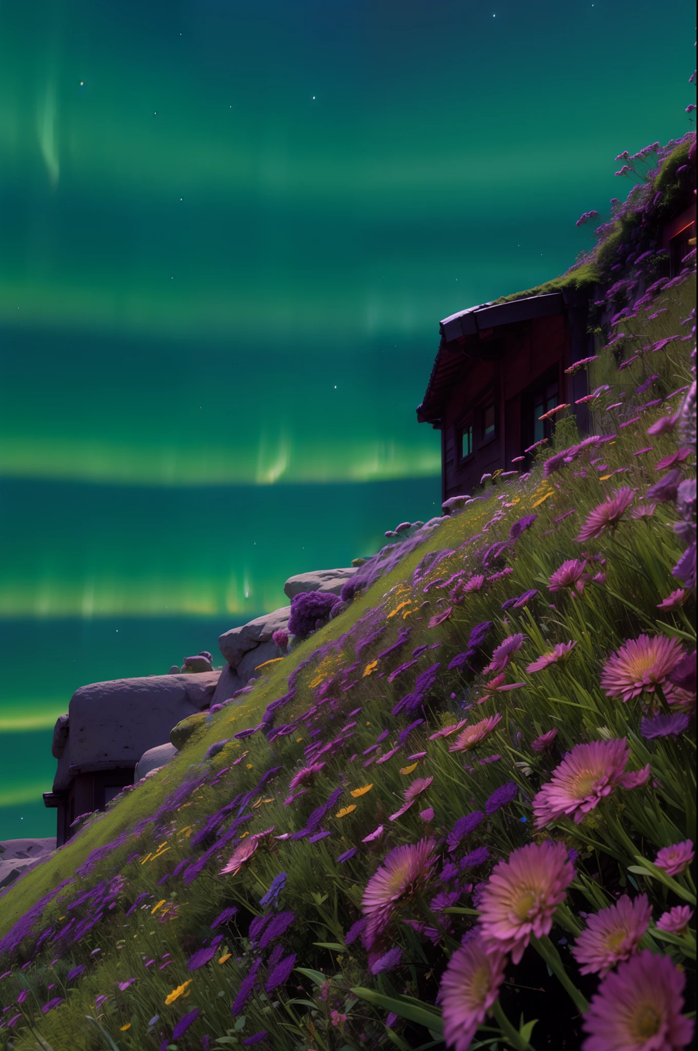 Northern Lights (Aurora Borealis): A starry night sky illuminated by a mesmerizing aurora borealis. Green and purple hues dance on the horizon, creating a magical scene.
