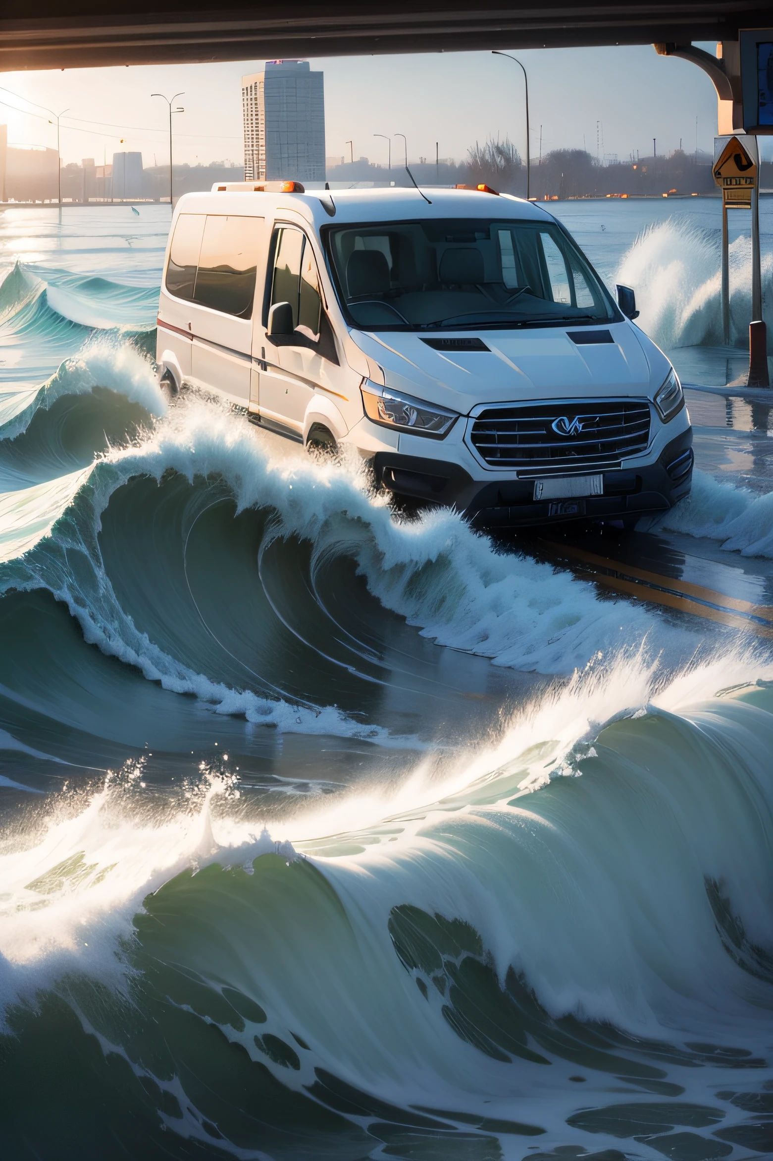 flood with huge waves dragging cars, buses and people