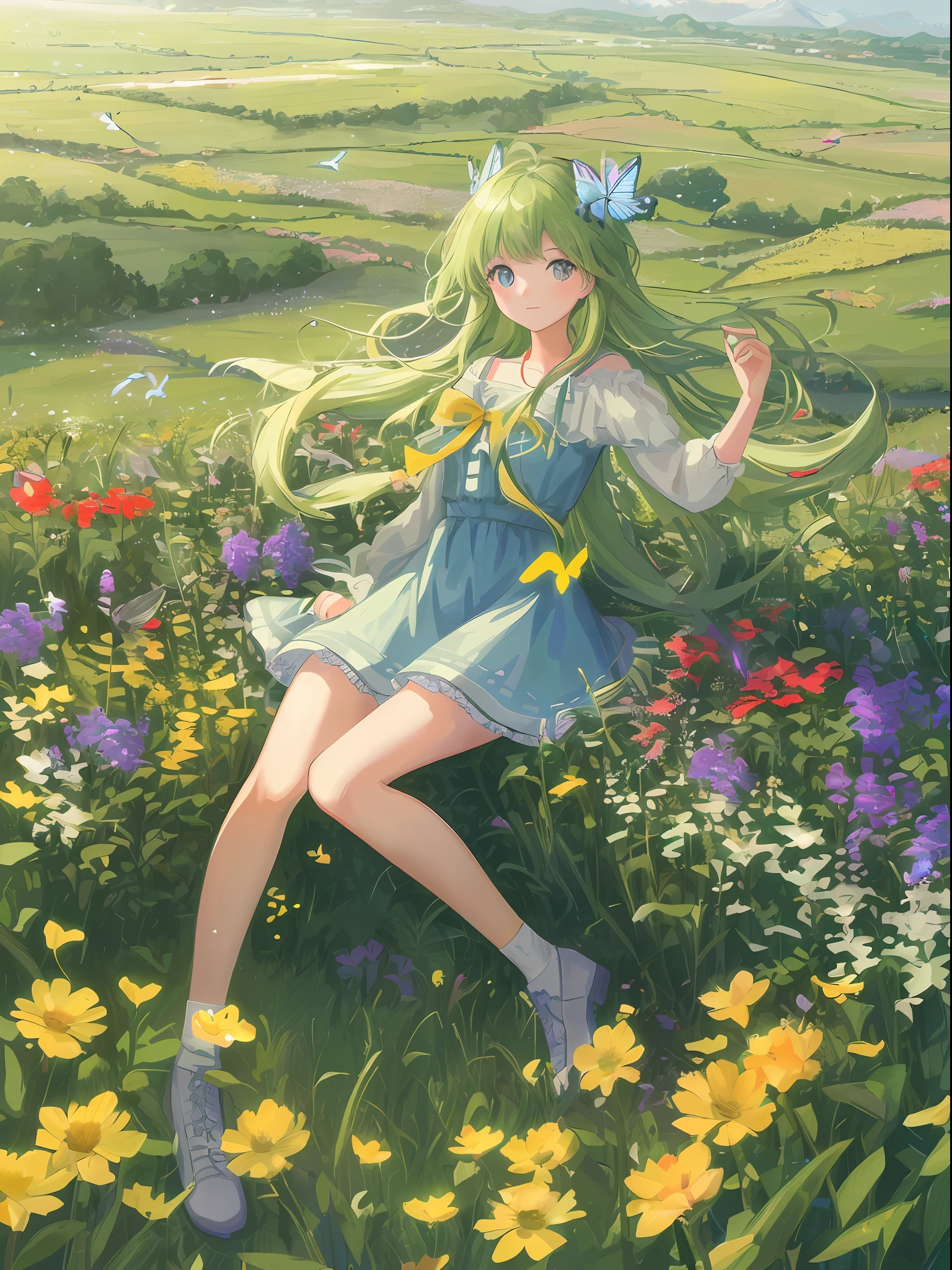 High Detail, Ultra Detail, Ultra High Resolution A cute and innocent girl is enjoying her time in an open field, surrounded by the beauty of nature, with the warm sun shining on her and wild flowers swaying gently in the breeze. Butterflies and birds flutter around her, adding to the playful atmosphere, --v6