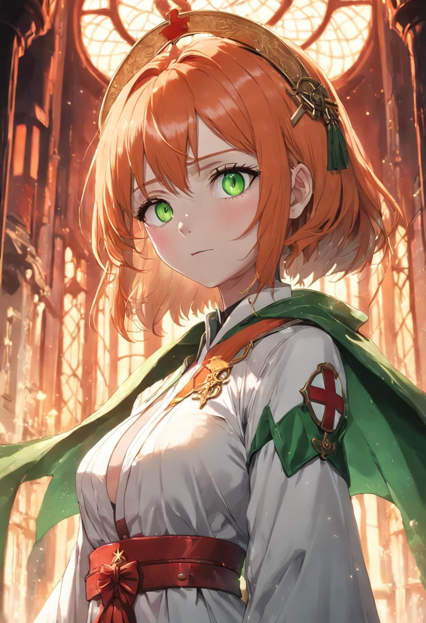 1female, Orange hair, Green eyes, throne room background, Red Cross and White Robe, Best quality, Detailed face, Detailed eyes