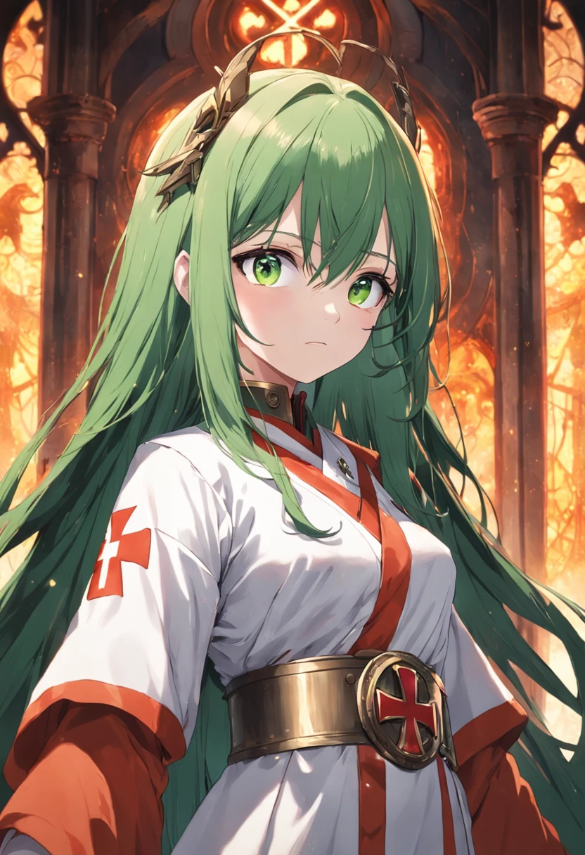 1female, Orange hair, Green eyes, throne room background, Red Cross and White Robe, Best quality, Detailed face, Detailed eyes