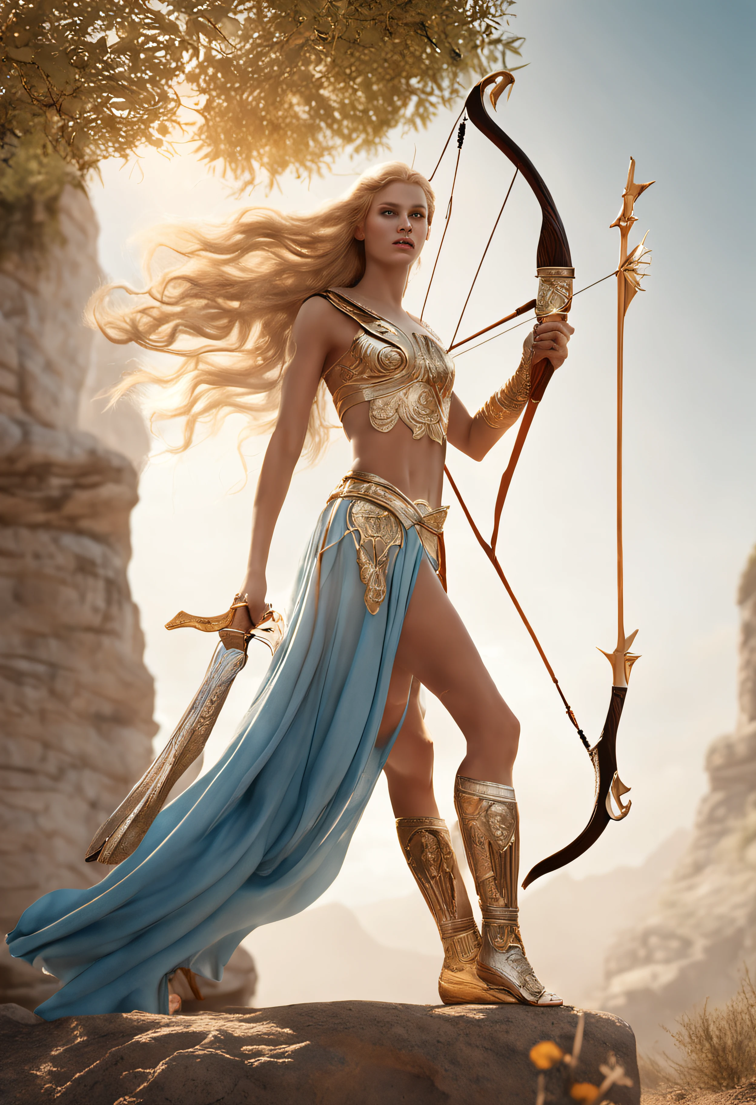 Young virgin greek goddess of wild nature and hunting, with (((Blonde hair))) And (((Blue eyes))), Amazingly beautiful, is fair-skinned, slender and tall, Show off her perfect pair of long legs, wears {sleeveless, (Very short: 1.7), (white:1.5), Greek chitons, With golden border}, Abs, "Looks strict and determined", Holding ((Golden bow)), Running and chasing prey, archery, Mythical Arcadian mountains and forests, Greek mythology, vibrant and lively atmosphere, Hyper-Realism, ultra-quality, ultra accurate description of hand, Photorealistic, Super Detail, 8K, masterpiece