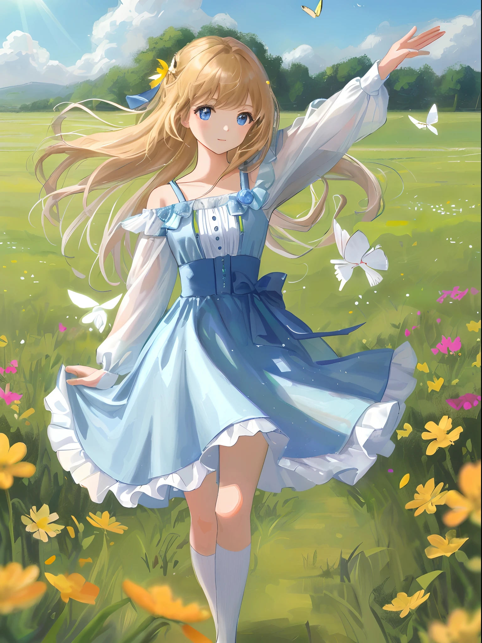 High Detail, Ultra Detail, Ultra High Resolution A cute and innocent girl is enjoying her time in an open field, surrounded by the beauty of nature, with the warm sun shining on her and wild flowers swaying gently in the breeze. Butterflies and birds flutter around her, adding to the playful atmosphere, --v6
