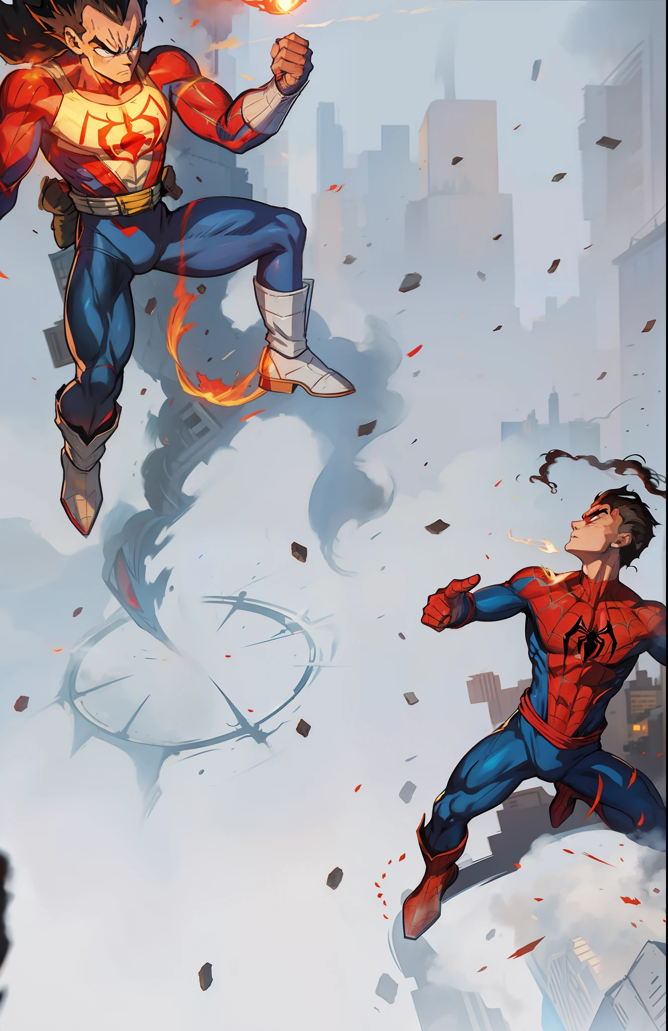 Spiderman, vegeta, battle, fire, red light, smoke, city background