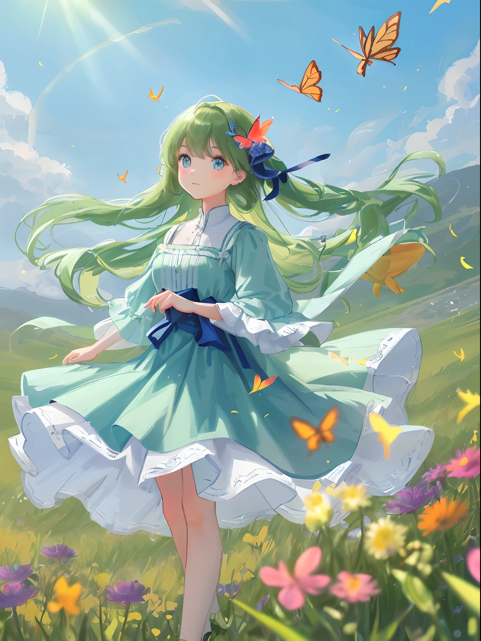 High Detail, Ultra Detail, Ultra High Resolution A cute and innocent girl is enjoying her time in an open field, surrounded by the beauty of nature, with the warm sun shining on her and wild flowers swaying gently in the breeze. Butterflies and birds flutter around her, adding to the playful atmosphere, --v6