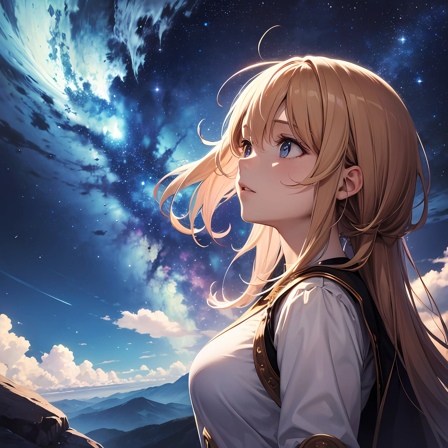 absurdres, highres, (official art, beautiful and aesthetic:1.2), close view,
1girl, shining sky, vast world, gazing, awe-inspiring expression, distant horizon, clouds, high hill, natural beauty, inspiration, night sky, Shining Stars,