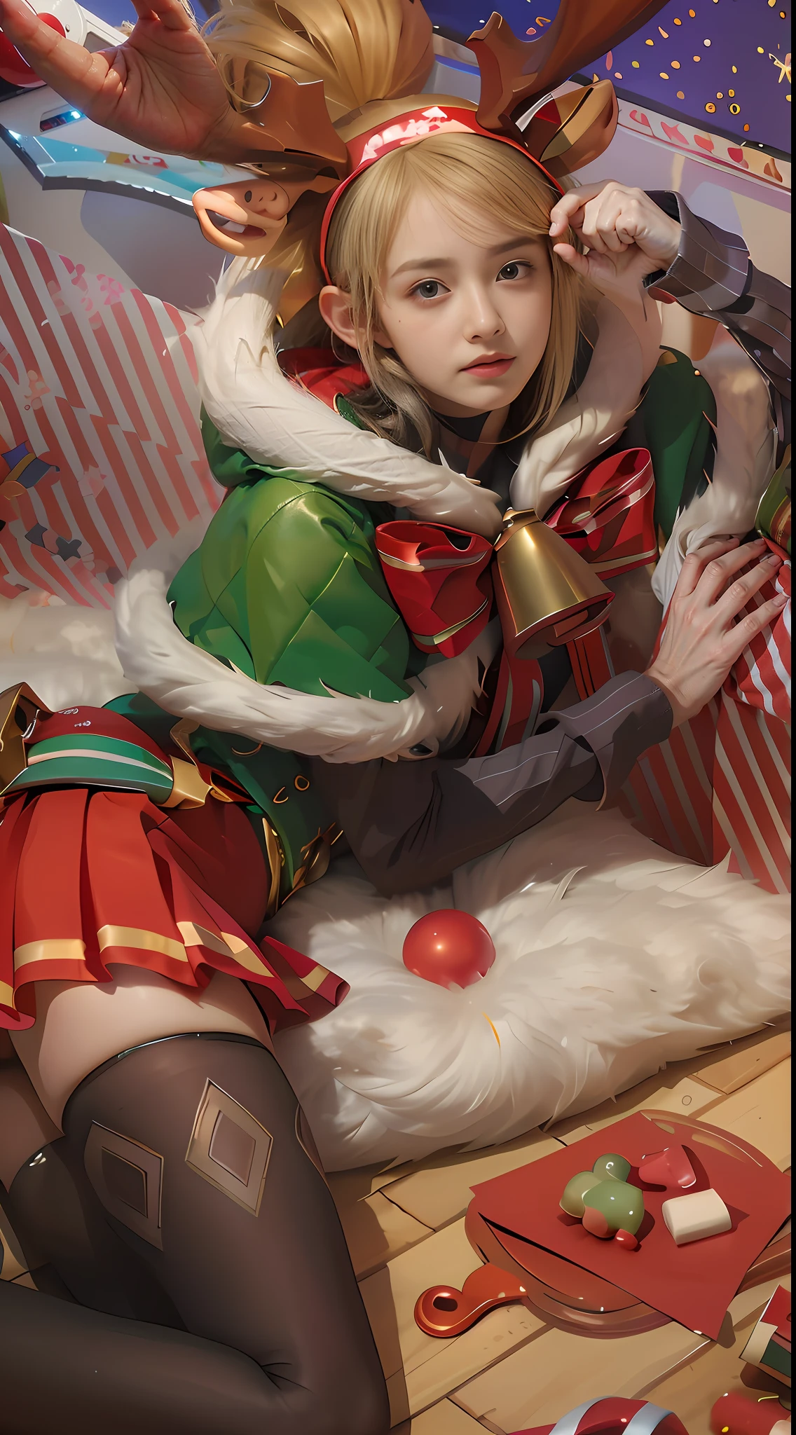 (8k, best quality, masterpiece:1.2), (realistic, photo-realistic:1.37), ultra-detailed, A detailed portrait of 1 girl 18 year old, cute girl, british girl, chrismas outfits, chrismas vibes, pale skin, perfect body, blue eyes, white hair. The scene is illuminated with professional lighting, photon mapping, and radiosity, with Tetsuya Nomura Style. Blur bokeh effect, realistic light.