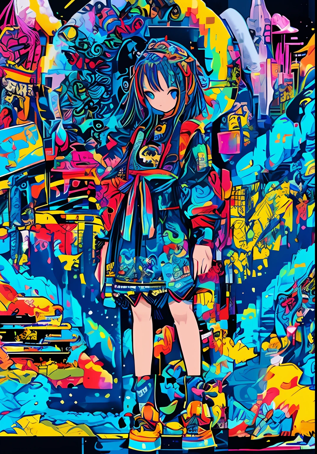 There is a woman with a microphone in front of the wall of a building, Victoshai! cmyk palette, victo ngai cyberpunk style, inspired by Josan Gonzalez, Victoshai. Unreal Engine, sachin teng, pop japonisme 3 d ultra detailed, victo ngai style, ( ( Victoshai ) )